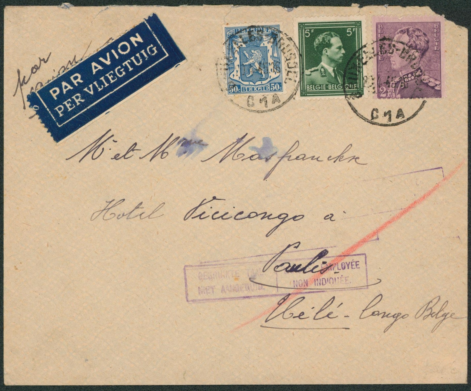 Affranch. Mixte sur lettre par avion de Bruxelles (1945) > Uélé (Congo Belge) + griffe bilingue "Langue employée non indiquée"
