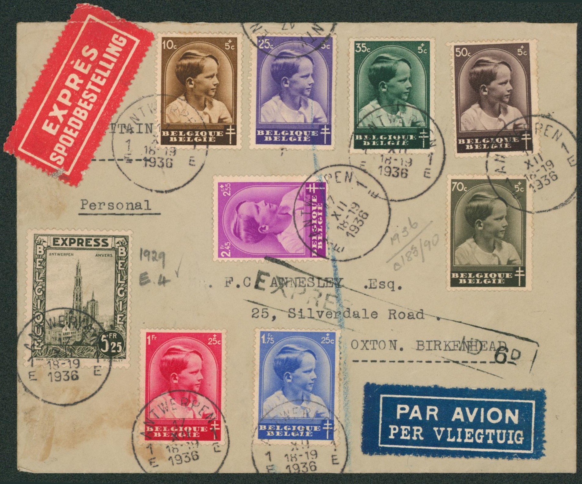 n°438/45 + 292G sur lettre expres par avion de Antwerpen (1936) > Oxton (Angleterre). Superbe !