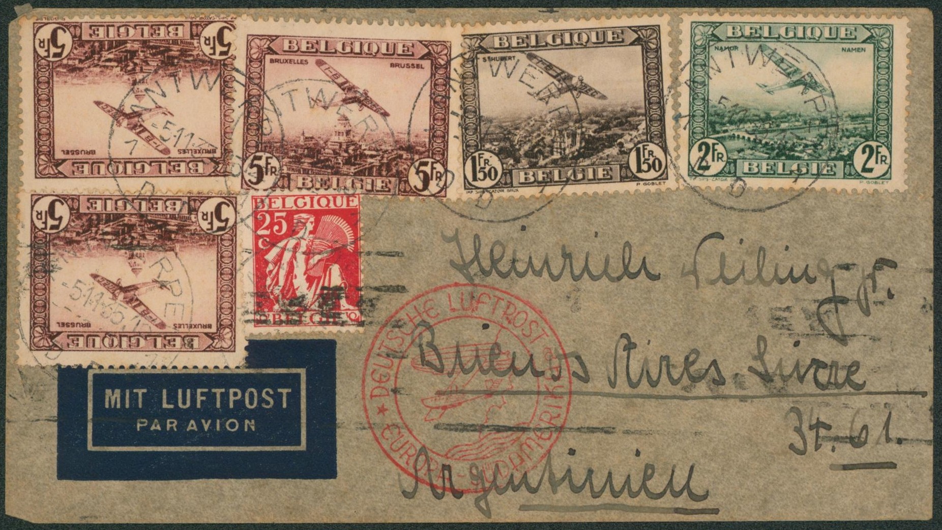 n°PA2, PA3 et PA4 x4 + n°339 sur lettre par avion de Antwerpen > Buenos aires via Deutsche Luftpost.