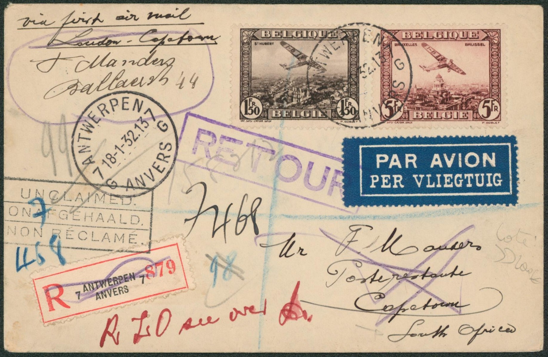 PA2 et PA4 sur lettre par avion en recommandé de Antwerpen > Capetown (Afrique du Sud). Griffe trilingue "Non réclamé" et grande griffe RETOUR.