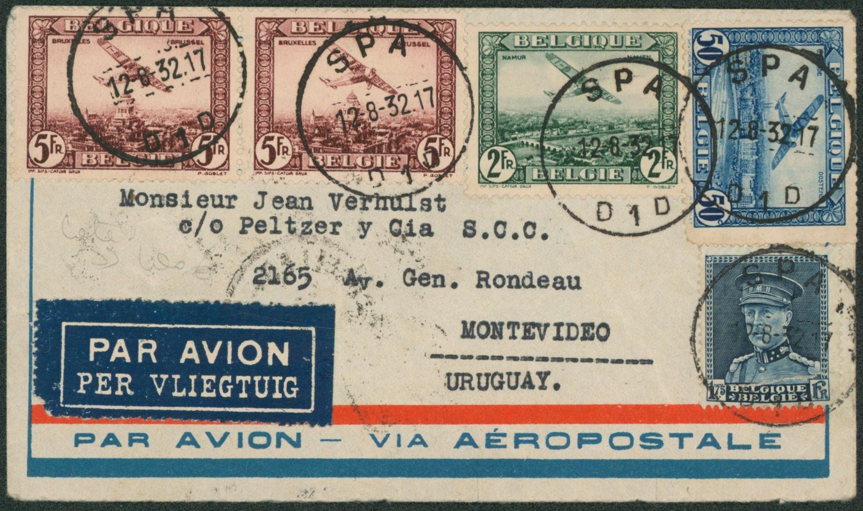 PA1, PA3 et PA4 x2 + n°320 sur lettre par avion de Spa (1932) > Monteviedo (Uruguay)