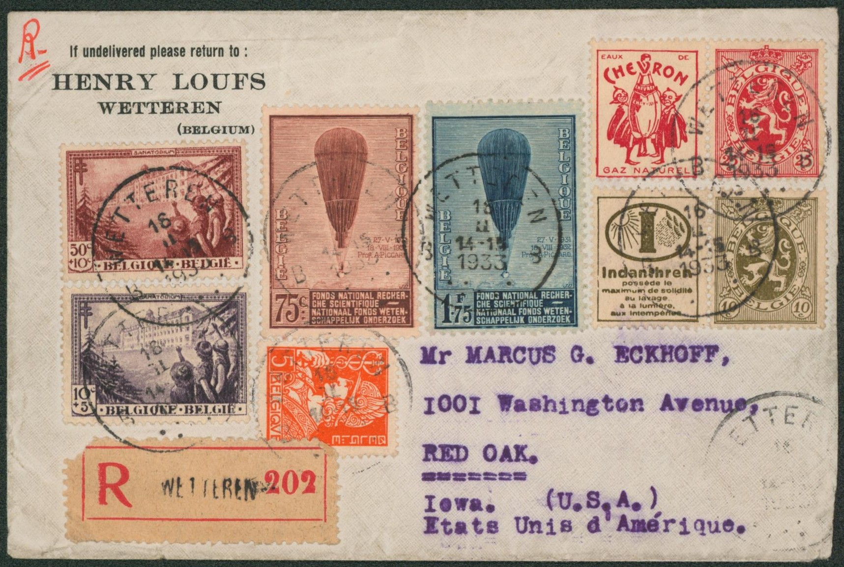 n°353/54, 336, 356, 358 et timbre PUB sur lettre en recommandé de Wetteren > Red Oak (USA)
