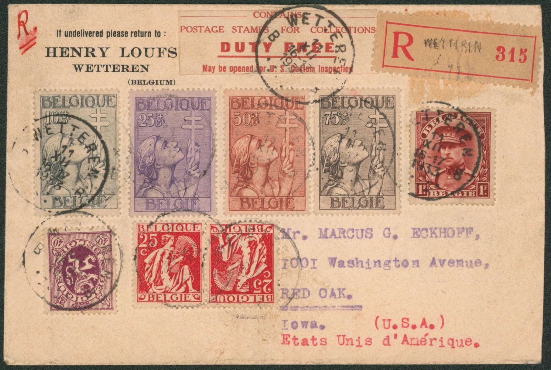 Bel affranchissement mixte dont croix de lorraine (n°377/80) sur lettre en recommandé de Wetteren (Postage stamps for collections) > Red Oak (USA). Verso vignette de fermeture BRUGES / BRUGGE