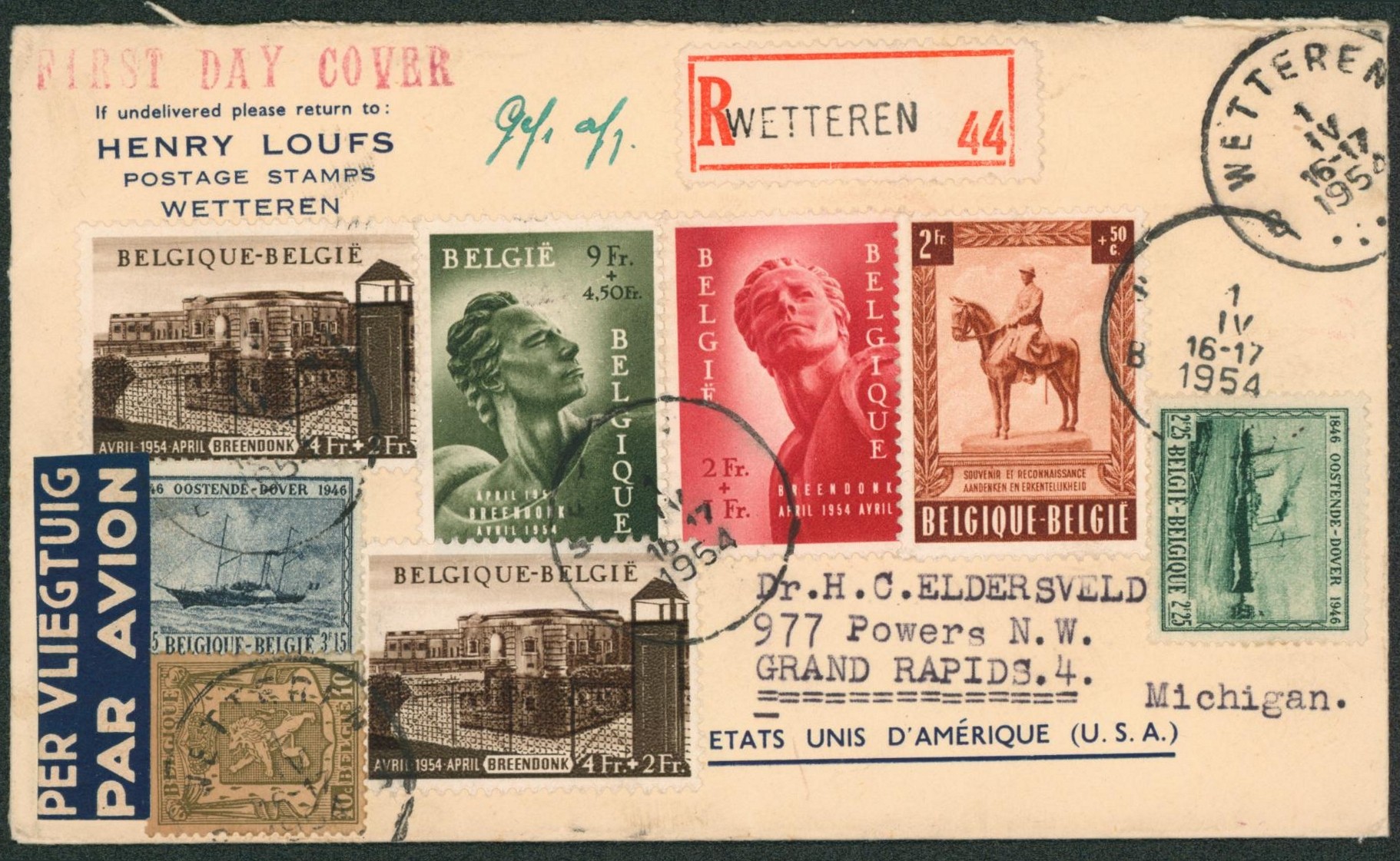 Bel affranchissement mixte dont série Breendonk sur lettre en recommandé par avion de Wetteren > Grand Rapids (Michigan, USA)