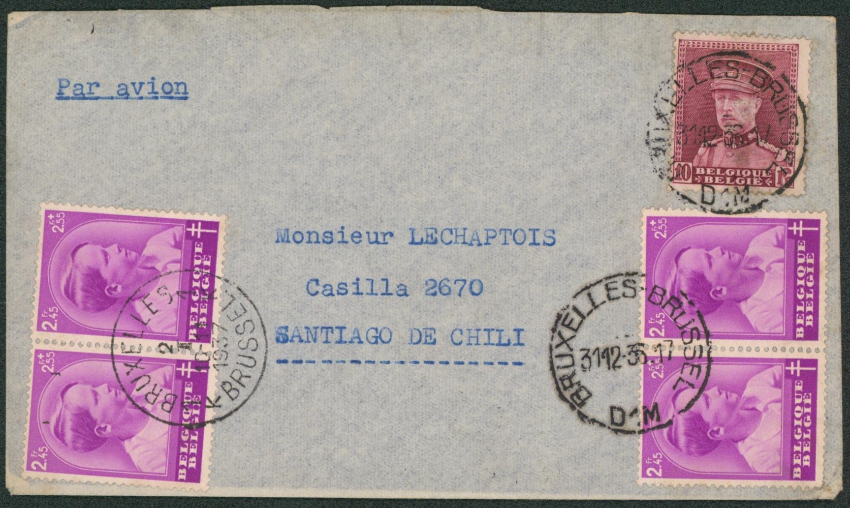 n°324 + 445 x2 sur lettre expédié par avion de Bruxelles (31/12/36) + Affranch. Complémentaire car lettre expédiée le 2/I/37 par n°445 x2 > Santiago de Chili. TB