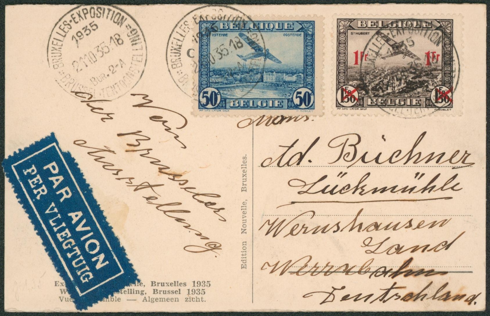 PA1 et PA6 sur CP vue obl spéciale "Bruxelles-Exposition / Brussel-Tentoonstelling Bur 2-A" > Allemagne (redirigé).