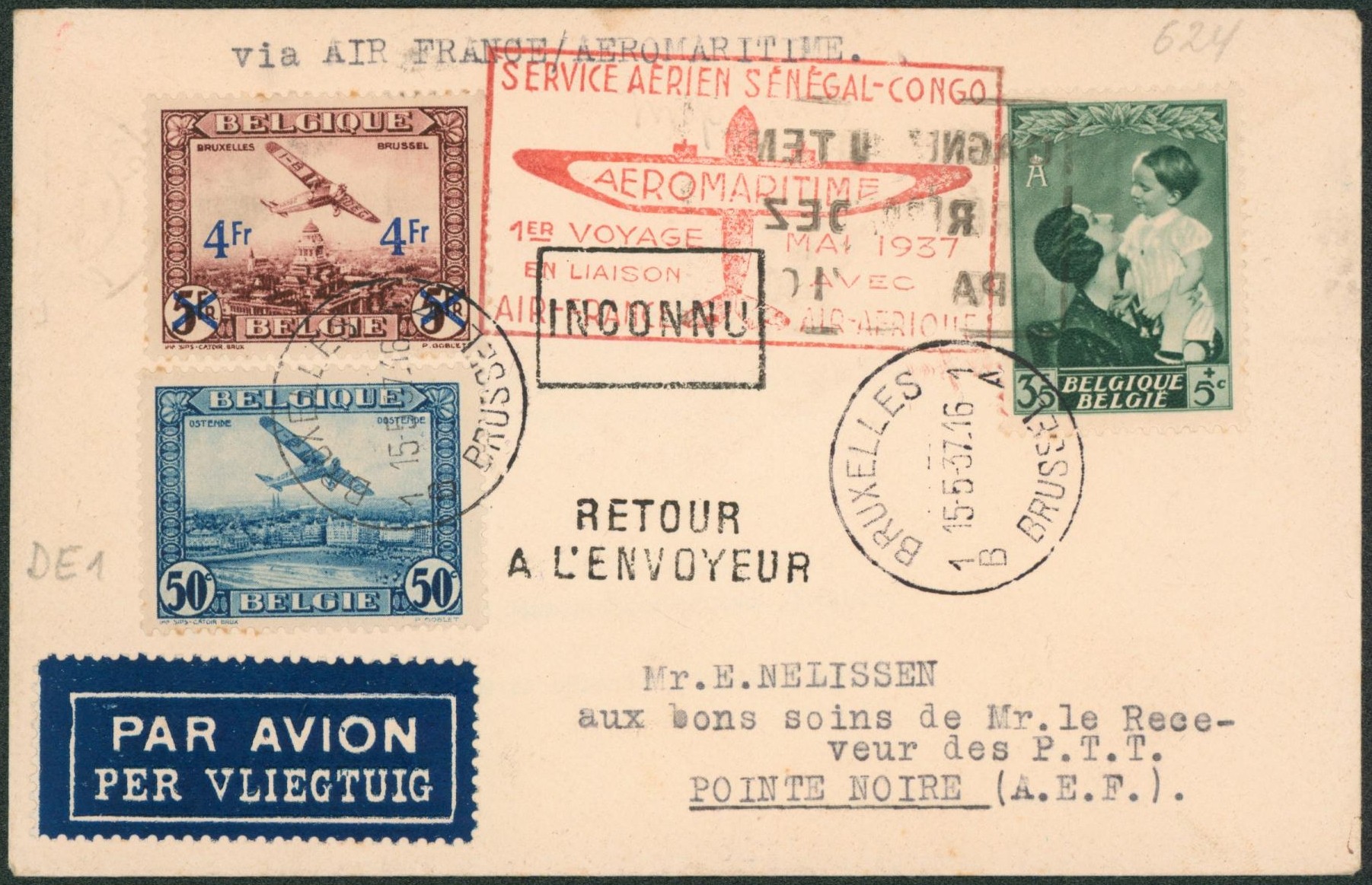 PA1, PA7 et n°449 sur lettre par avion de Bruxelels > Pointe noire (A.E.F.) via air-France / Aéromaritime. Inconnu