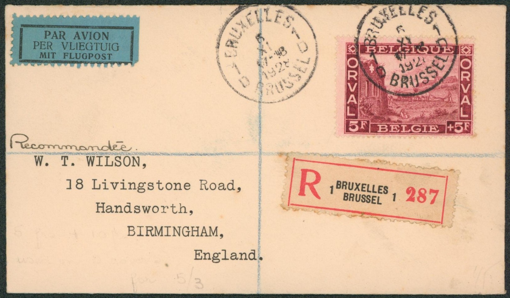 Première Orval - n°265 seul sur lettre en recommandé + étiquette trilingue "Par avion" de Bruxelles > Birmingham (Angleterre). Superbe