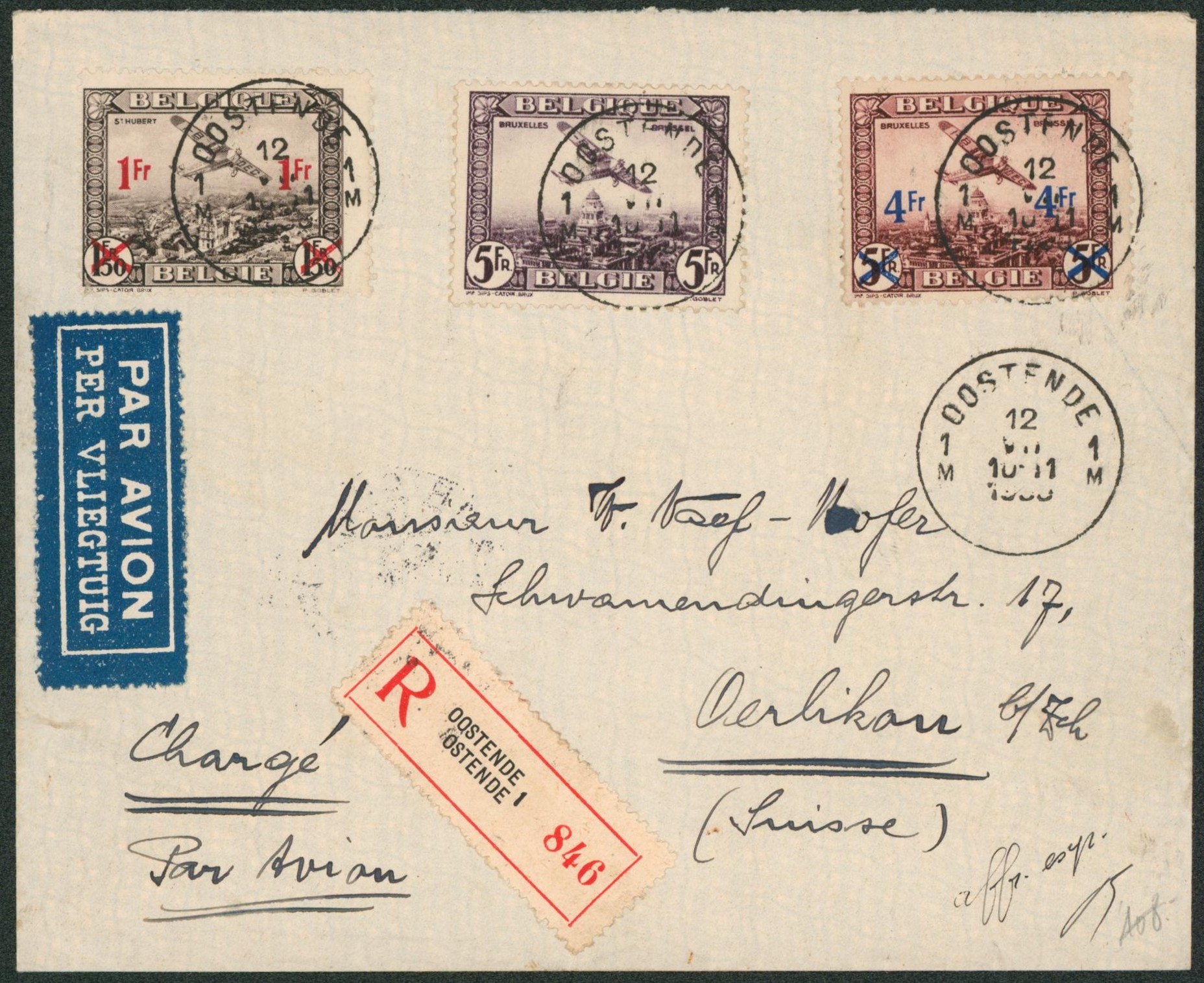 PA5/7 sur lettre en recommandé par avion de Oostende / Ostende > Oerlikon (Suisse)