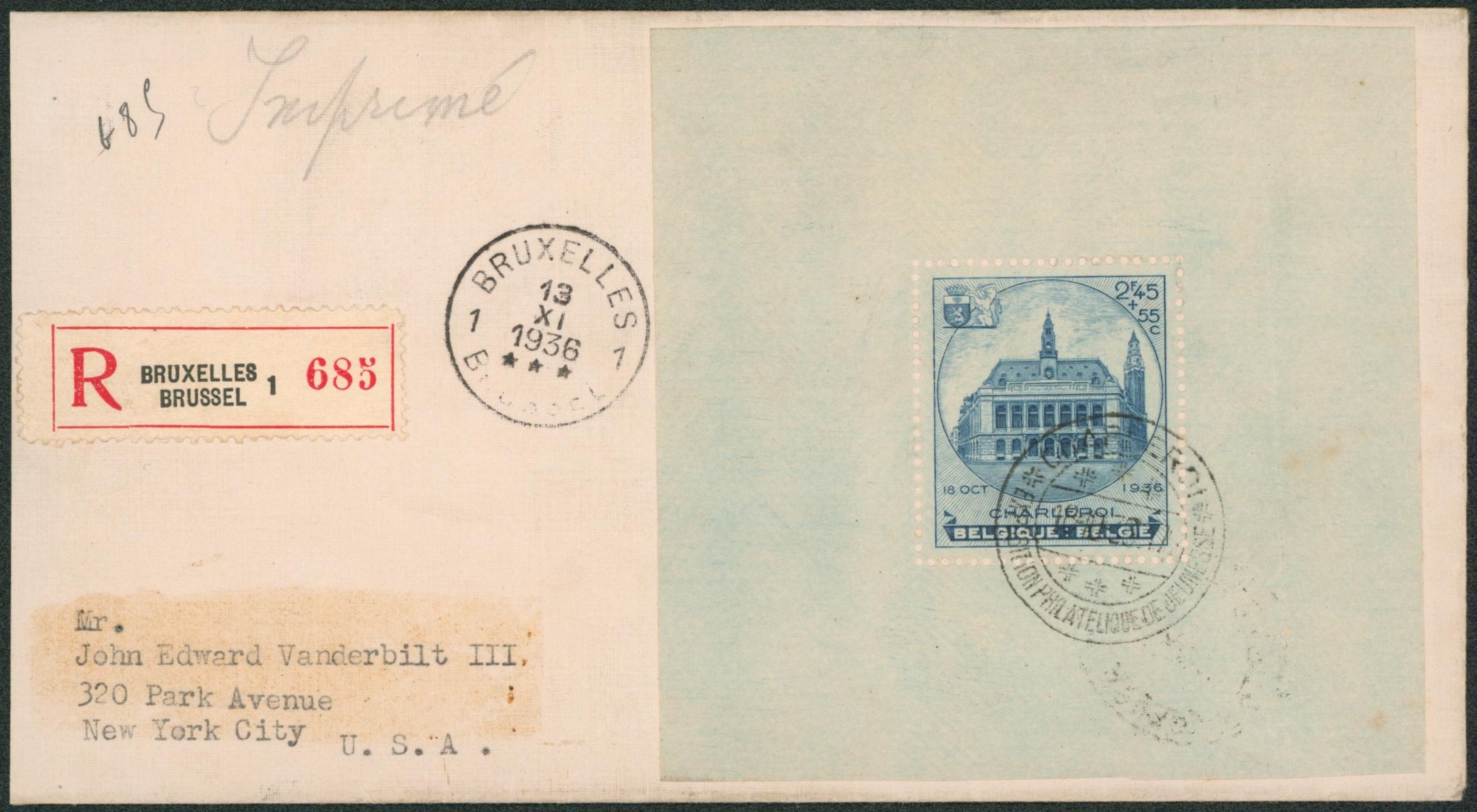 BL6 recoupé sur lettre en recommandé (tarif imprimé) de Bruxelles > New-York (USA)