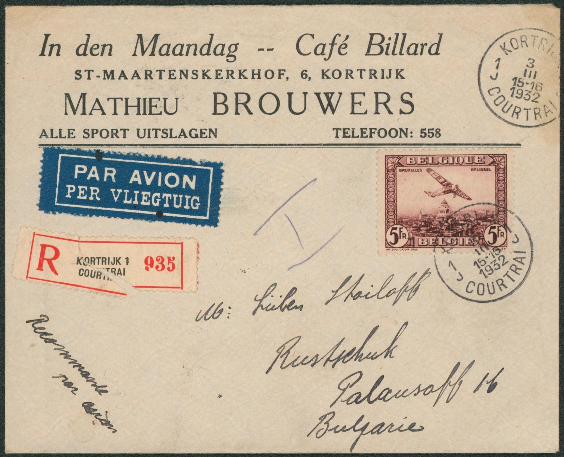 PA4 et 276 x2 sur lettre en recommandé par avion de Kortrijk / Courtrai > Bulgarie.