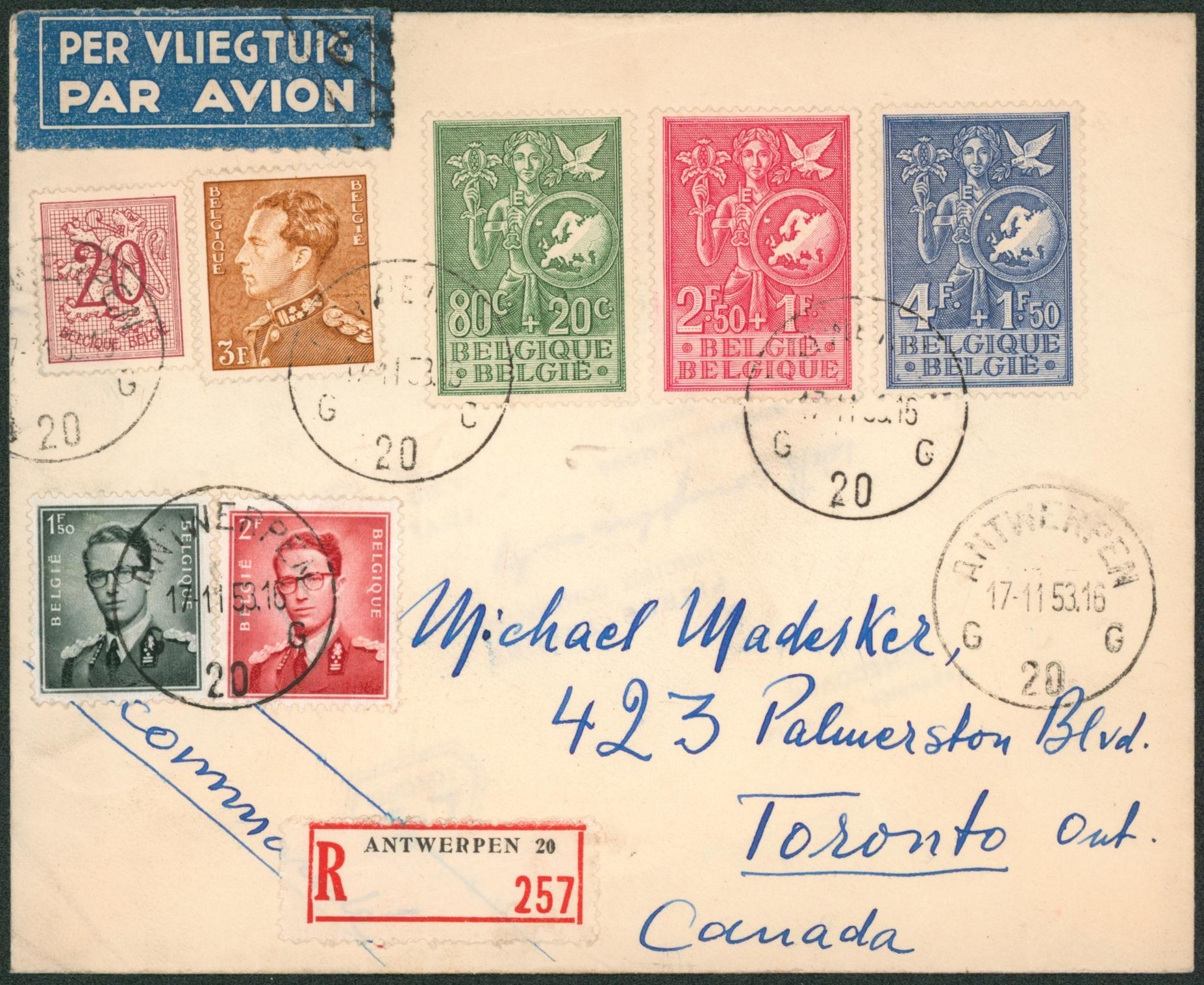 Affranch. Mixte (Baudouin à lunettes, Poortman) + n°927/29 sur lettre en recommandé par avion de Antwerpen 20 > Toronto (Canada)
