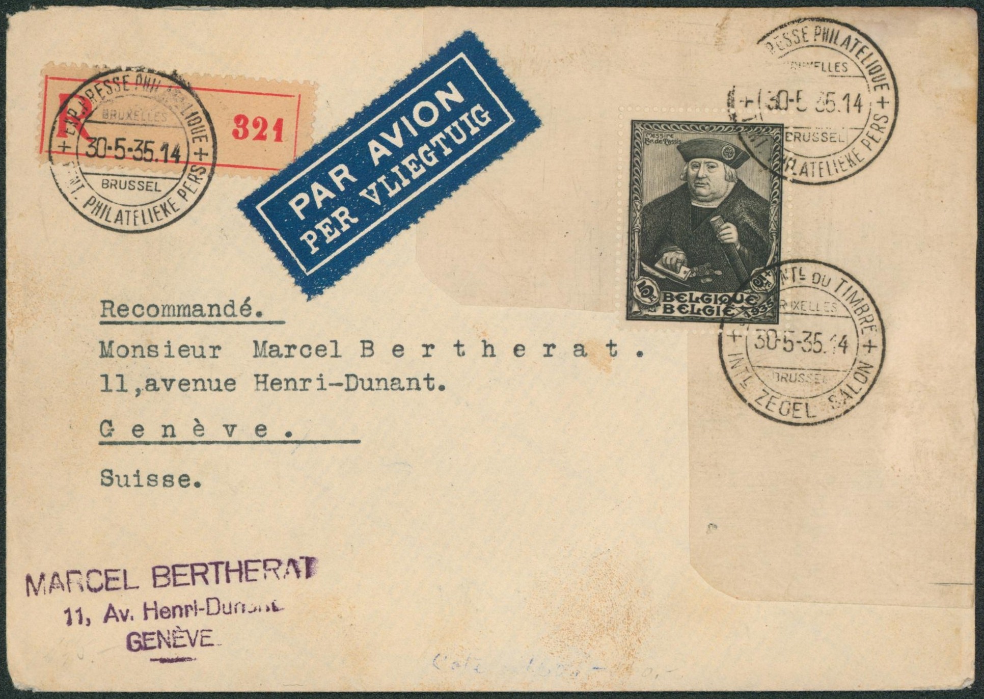 BL4 recoupé sur lettre en recommandé par avion du salon du timbre (Bruxelles, exp. Presse philatélique de Bruxelles 1935) > Genève (Suisse).