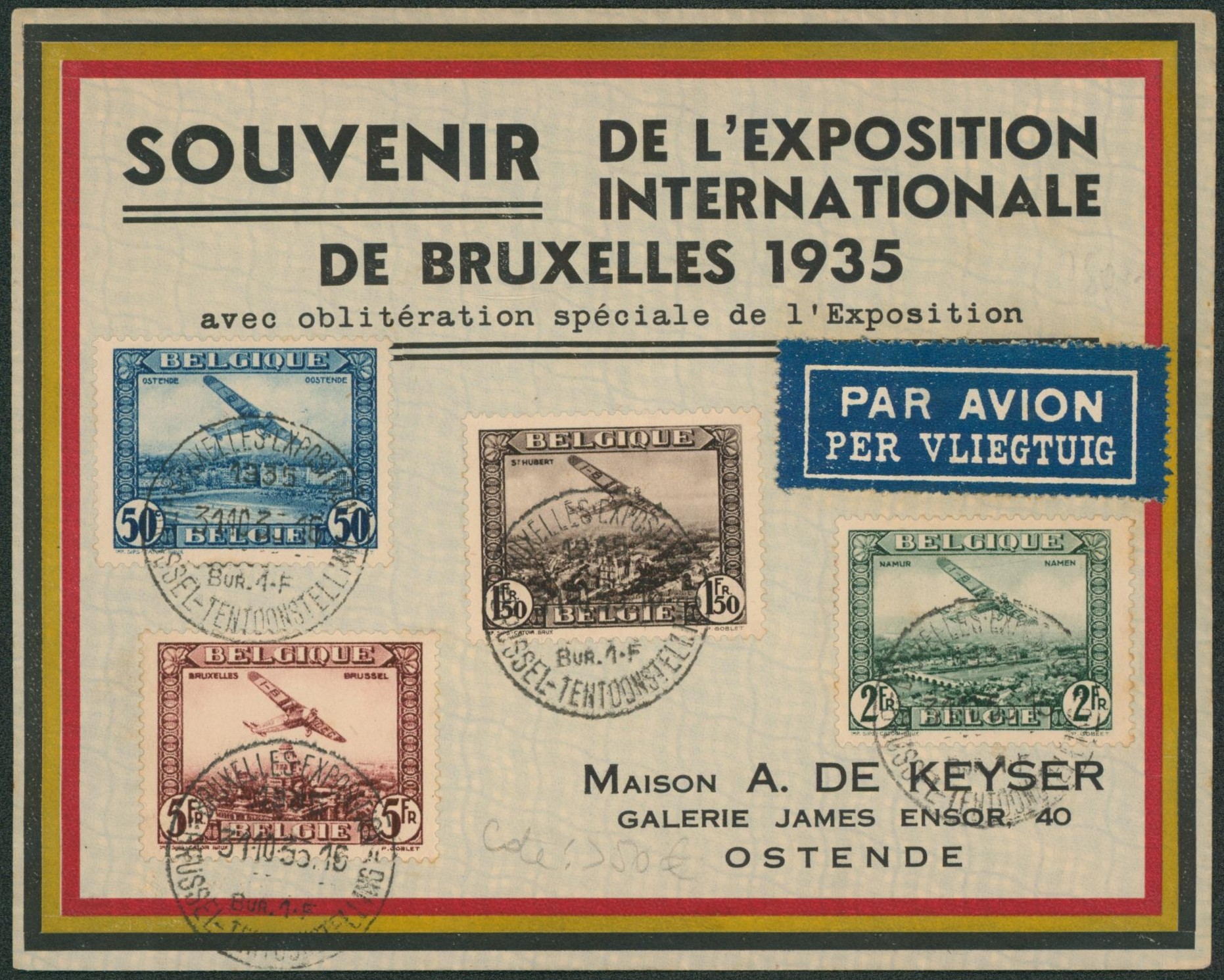 PA1/4 sur lettre "souvenir de l'exposition internationale de Bruxelles 1935" + obl spéciale de l'exposition par avion > Ostende.