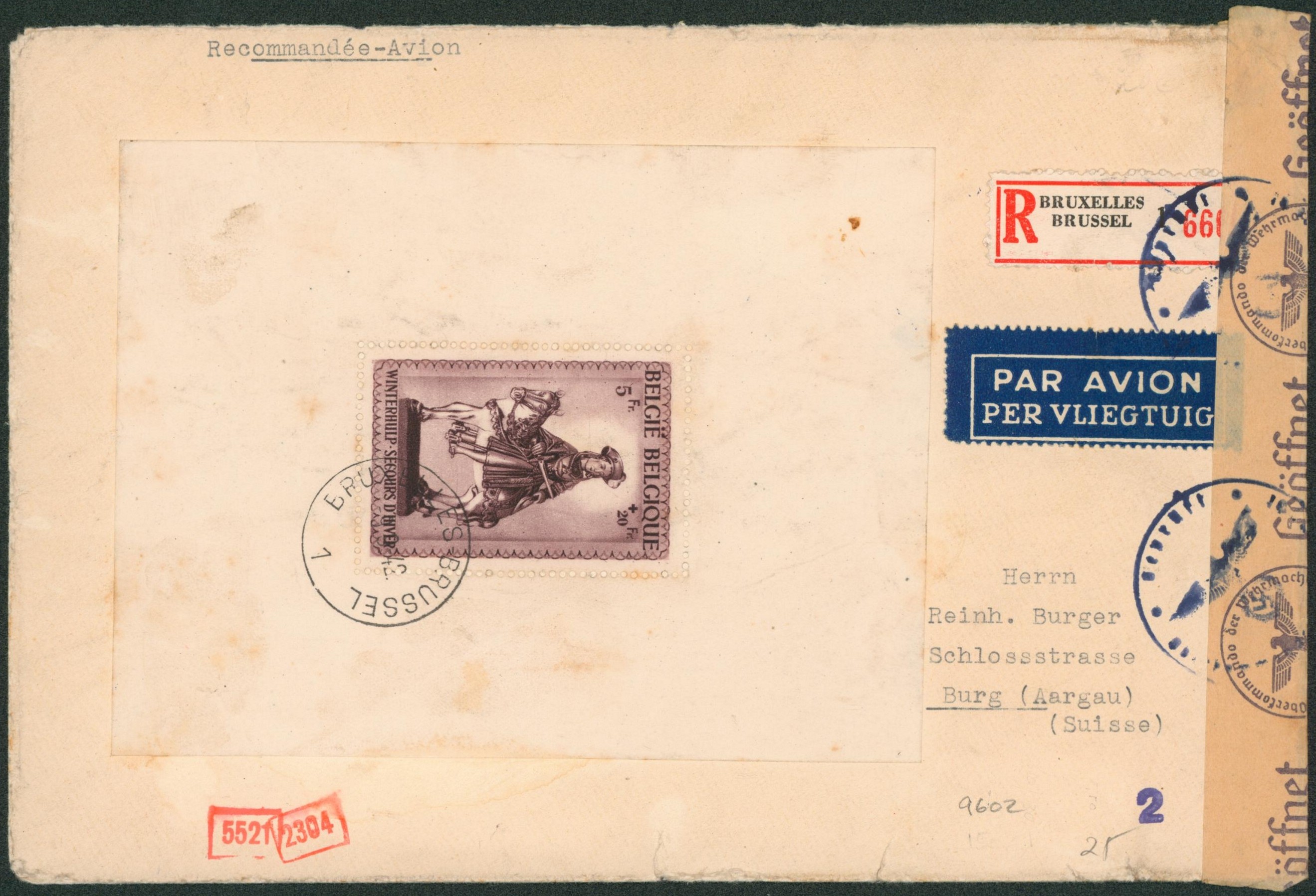 BL15 sur grande enveloppe en recommandé par avion de Bruxelles > Burg (Aargau, Suisse) + bandelette de censure.