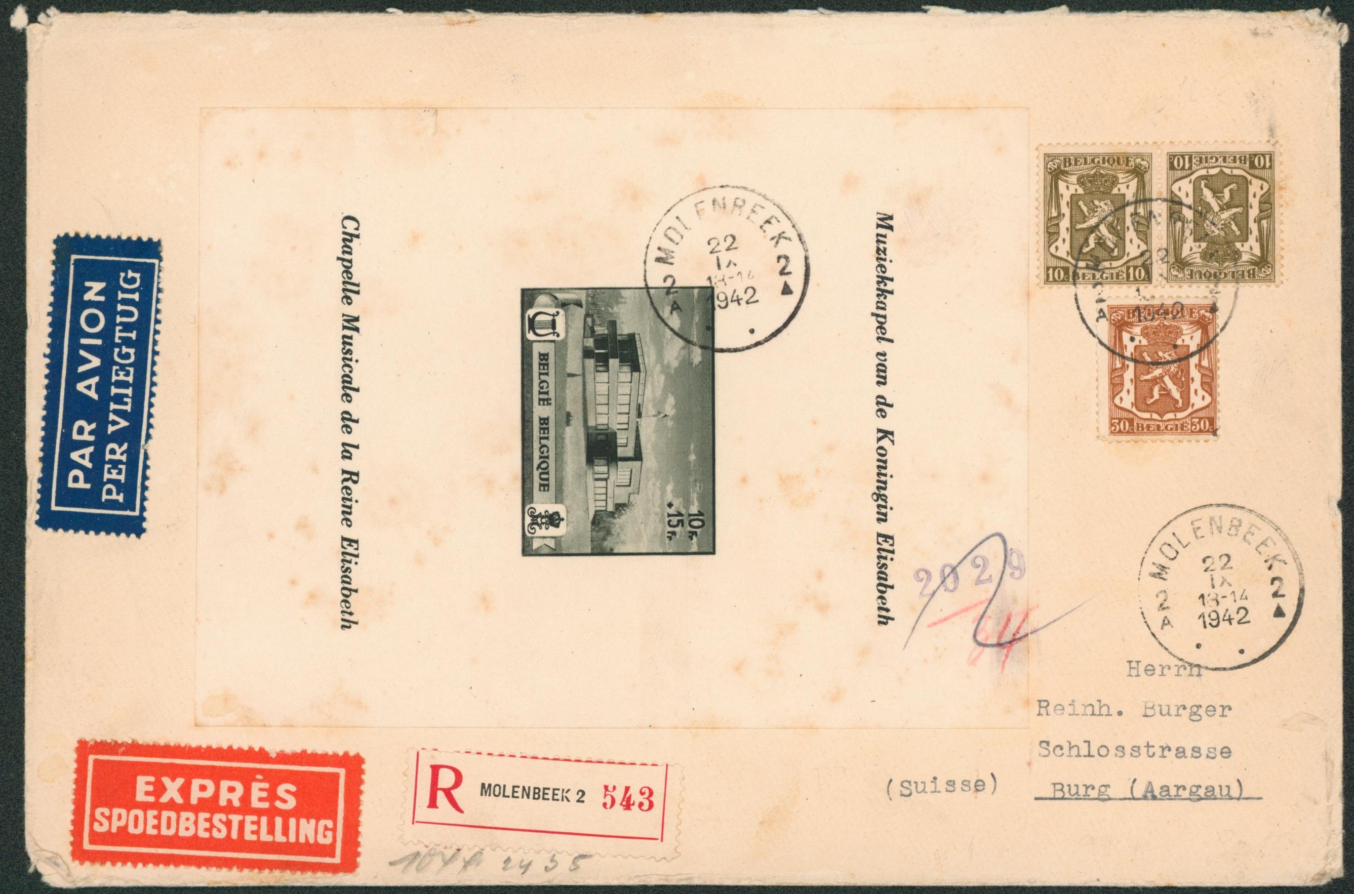 BL13 + Affranch. Complé sur grande enveloppe en recommandé, expres et par avion de Molenbeek 2 > Burg (Aargau, Suisse) + Bandelette de censure.