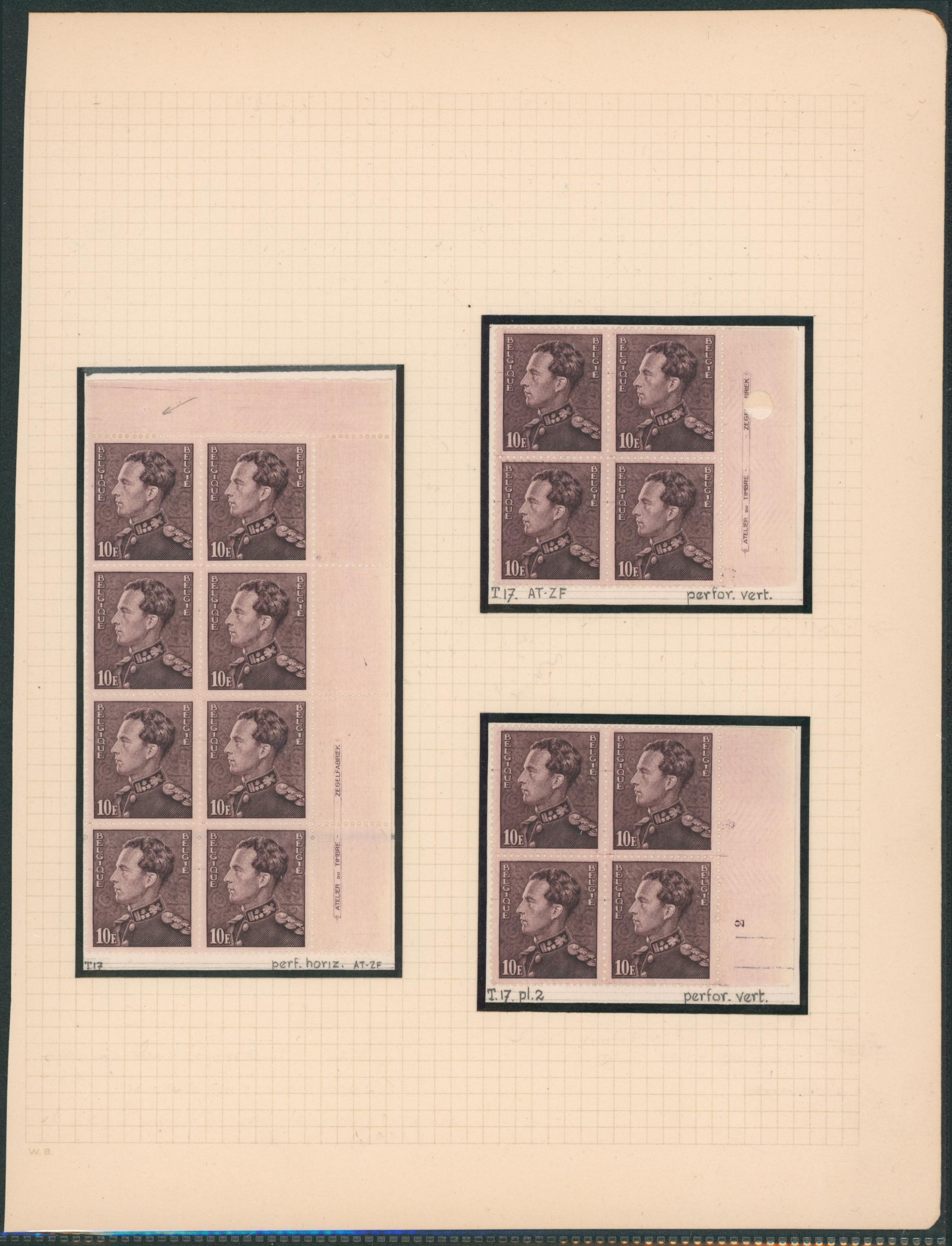 Page de collection (Poortman) - n°434, tirage 17 deux blocs de 4 avec ateliers du timbres, numéro de planche 2 + morceau de feuille.