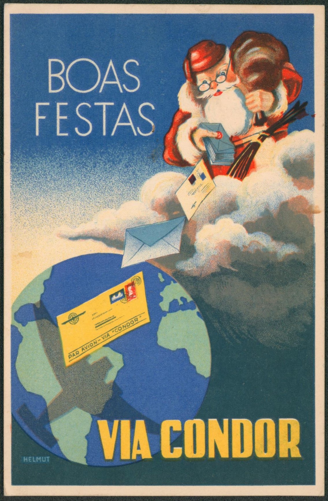 Brésil - Carte postale illustrée Boas Festas via CONDOR lufthansa (Père nöel) > Charleroi (Belgique).