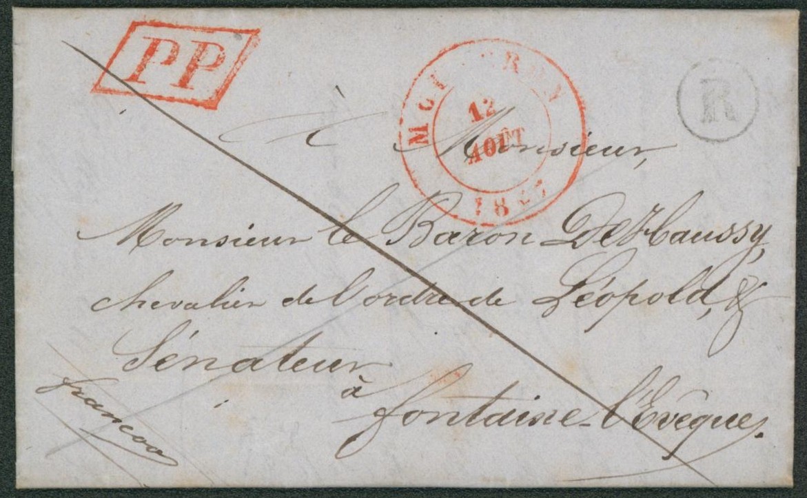 LAC en PP çàd cachet dateur "Mouscron" + boite rurale "R" (Dottignies) > Fontaine-l'évêque.