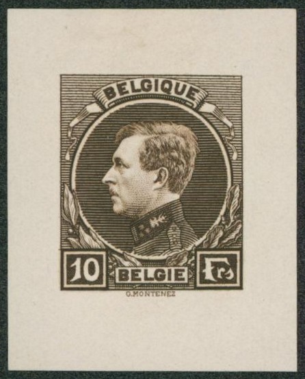 Projet non adopté type Montenez "FRS", épreuve non dentelé 10F brun papier blanc non gommé. Dim. 35 x 45mm (STES 3794). Superbe