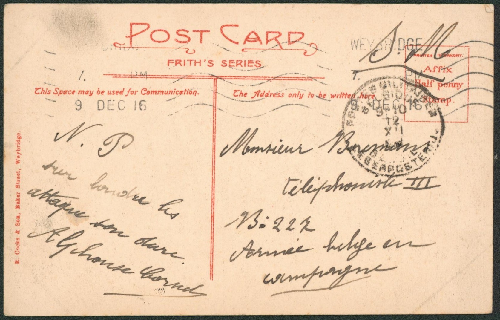 CP en S.M. en provenance de Weybridge (Angleterre, 1916) obl P.M.B. > Téléphoniste III armée belge en campagne.