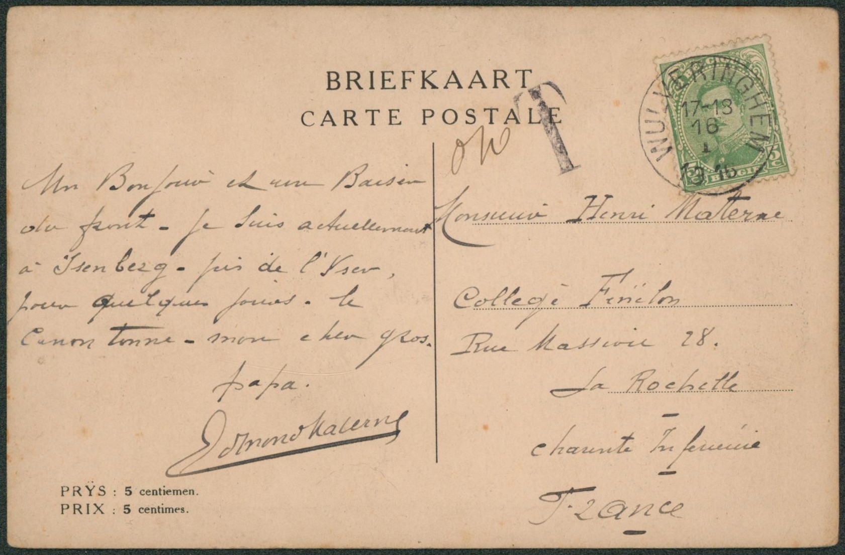 Territoire non envahi - n°137 sur CP obl S.C. "Wulveringhem" > La rochelle (France), taxé !