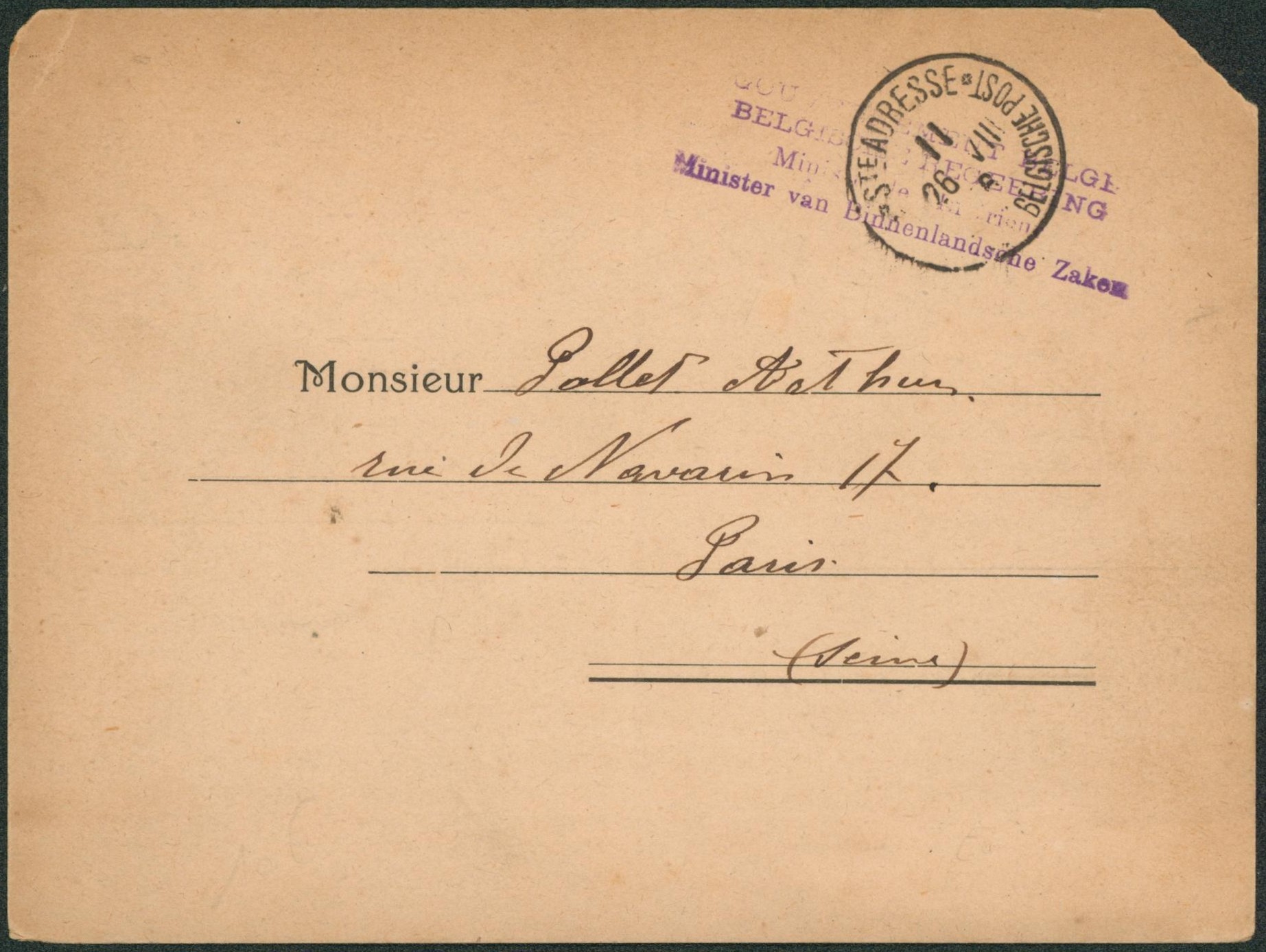 Imprimé en franchise "Ministère de l'intérieur, le havre" (… Belge à servire la patrie. Ministre Paul Berryer) de Ste-Adresse (1916) > Paris