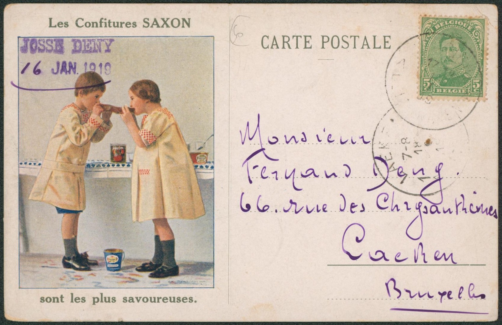 n°137 sur CP illustrée (Les confitures SAXON, enfants) daté de Jodoigne > Laeken.