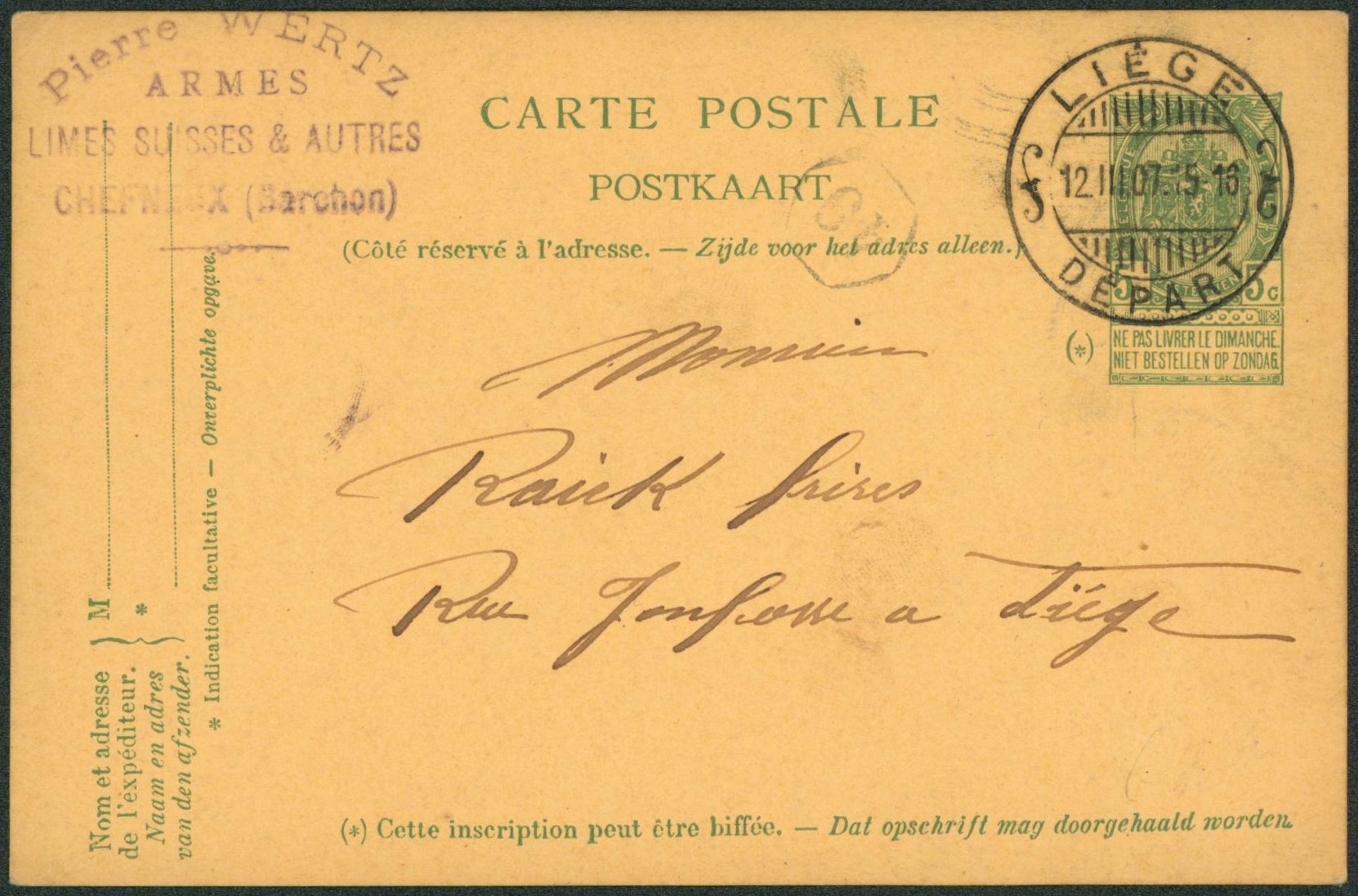 EP au type 5ctm vert obl temporaire type DC + fléron "Liège / Départ" et cachet privé "Limes suisses et autres, armes Chefneux" > Liège.