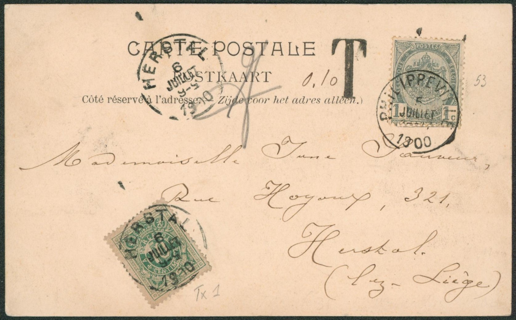 n°53 sur CP (sans mention du tarif imprimé, tarif est de 5ctm !) expédié de Philippeville > Herstal + TX1 ! Rare