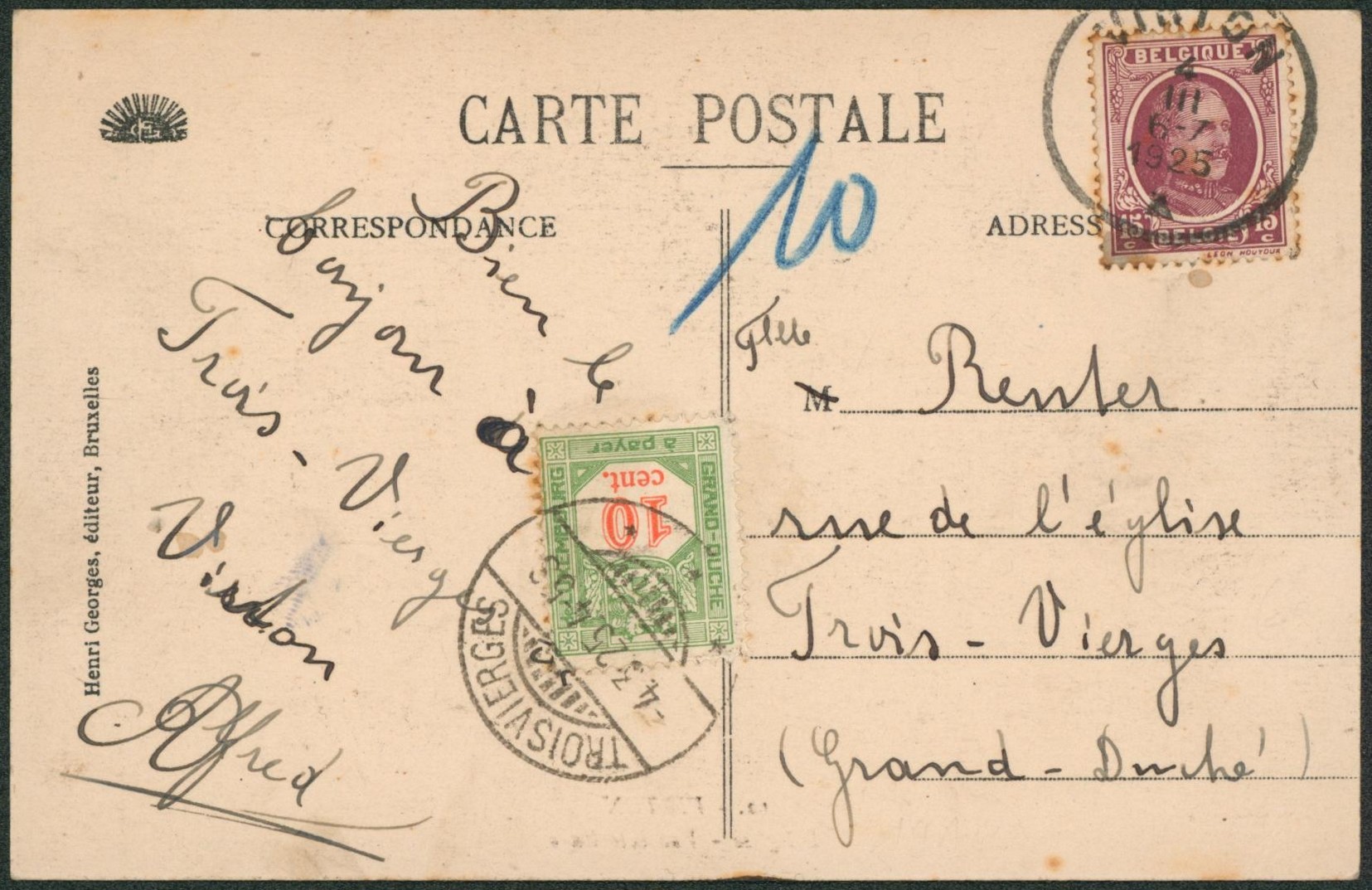 Houyoux - n°195 sur CP expédié de Virton > Trois-vierges (Luxembourg) + taxé à 10ctm à l'arrivée !