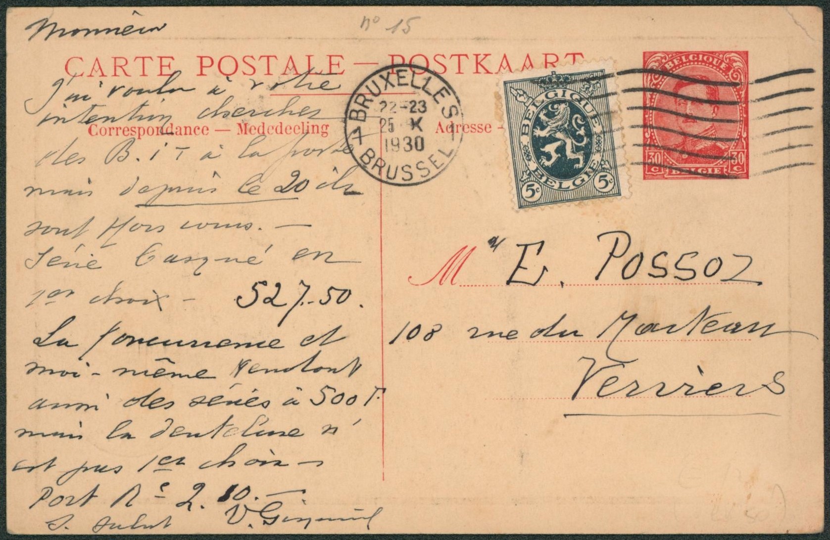 Ep au type carte paquebot 30ctm rouge (Voyageur) expédié de Bruxelles (marchand de timbres, commande de timbres. V. Gisquiere) > Verviers.