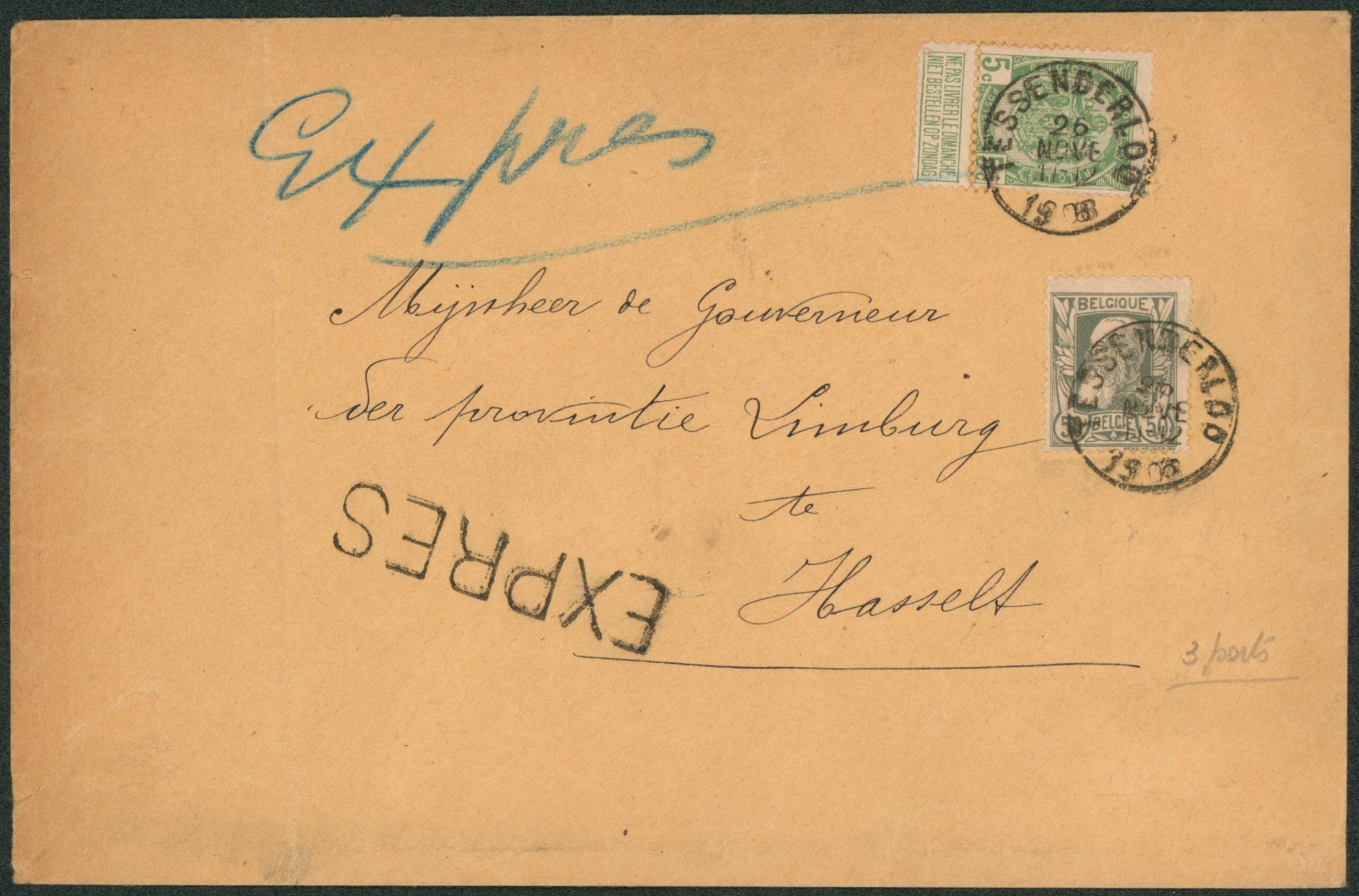 n°78 et 83 sur lettre en expres (triple port) obl simple cercle "Tessenderlo" > Hasselt. Superbe !