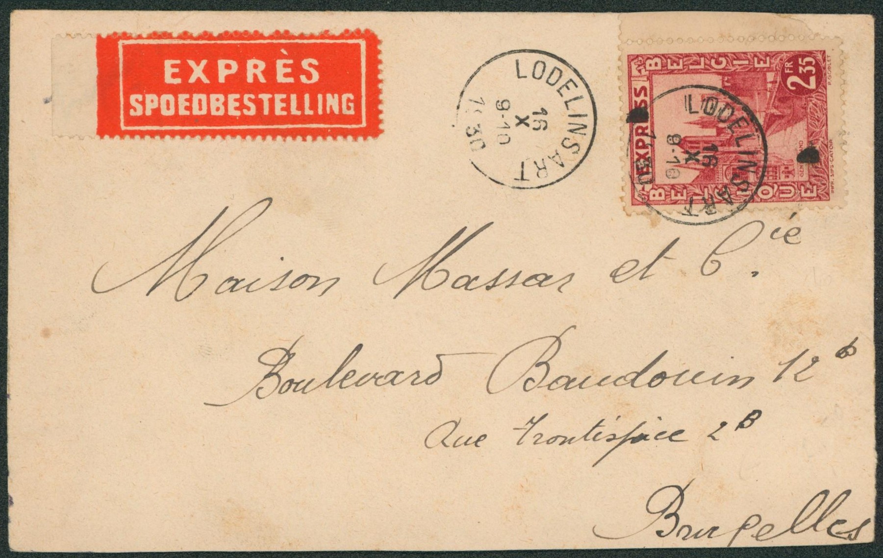 n°292D sur lettre en expres obl simple cercle "Lodelinsart" > Bruxelles.