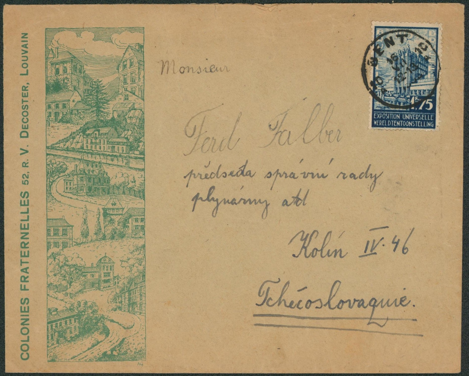 n°389 sur lettre illustrée (Colonies fraternelles, Louvain) expédié de Gent > Praha (tchécoslovaquie).