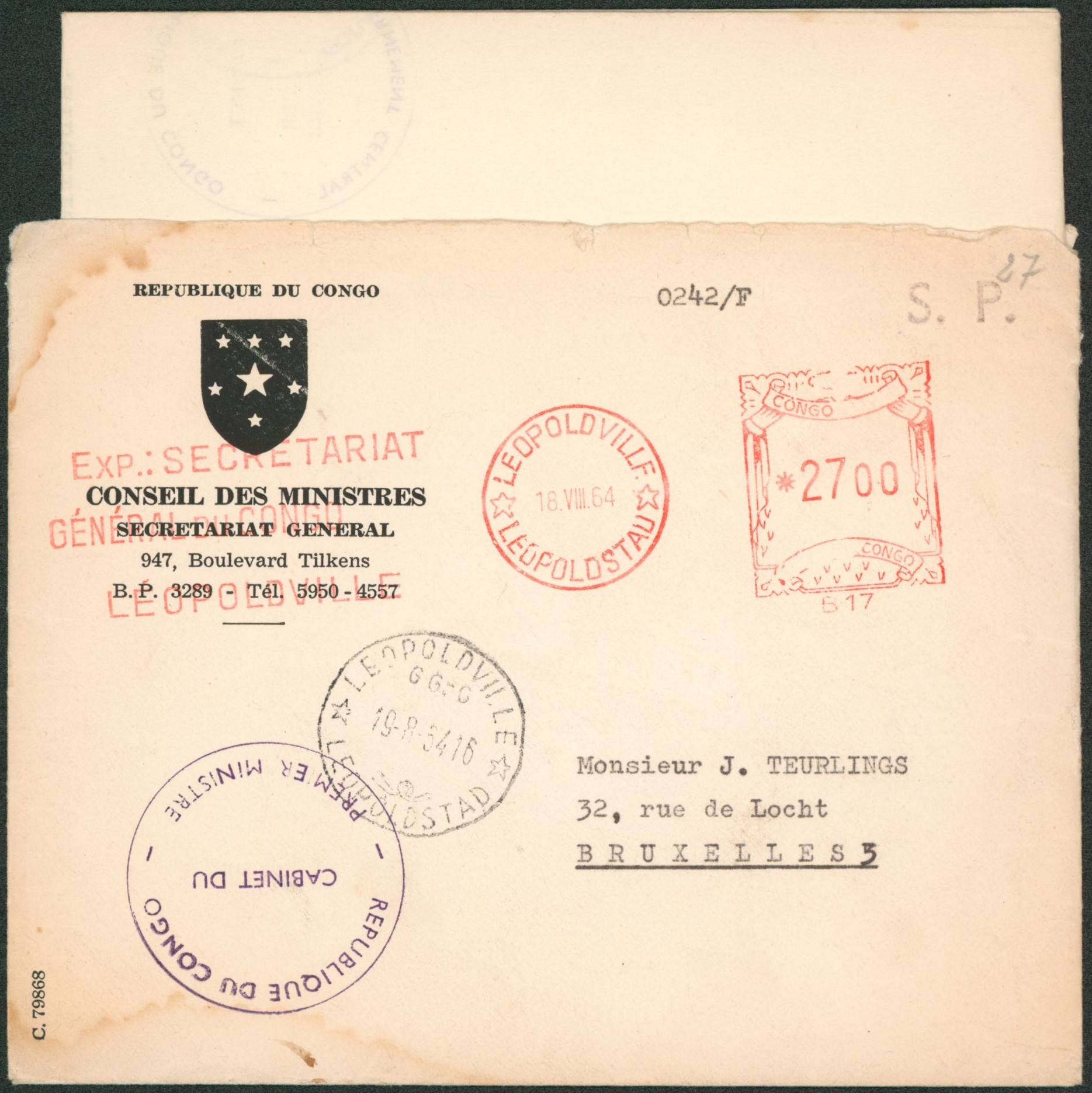 République du Congo - Lettre en S.P. du conseil des ministres (signés du premier ministre M. Tshombé), de léopoldville + cachet du cabinet > Bruxelles.