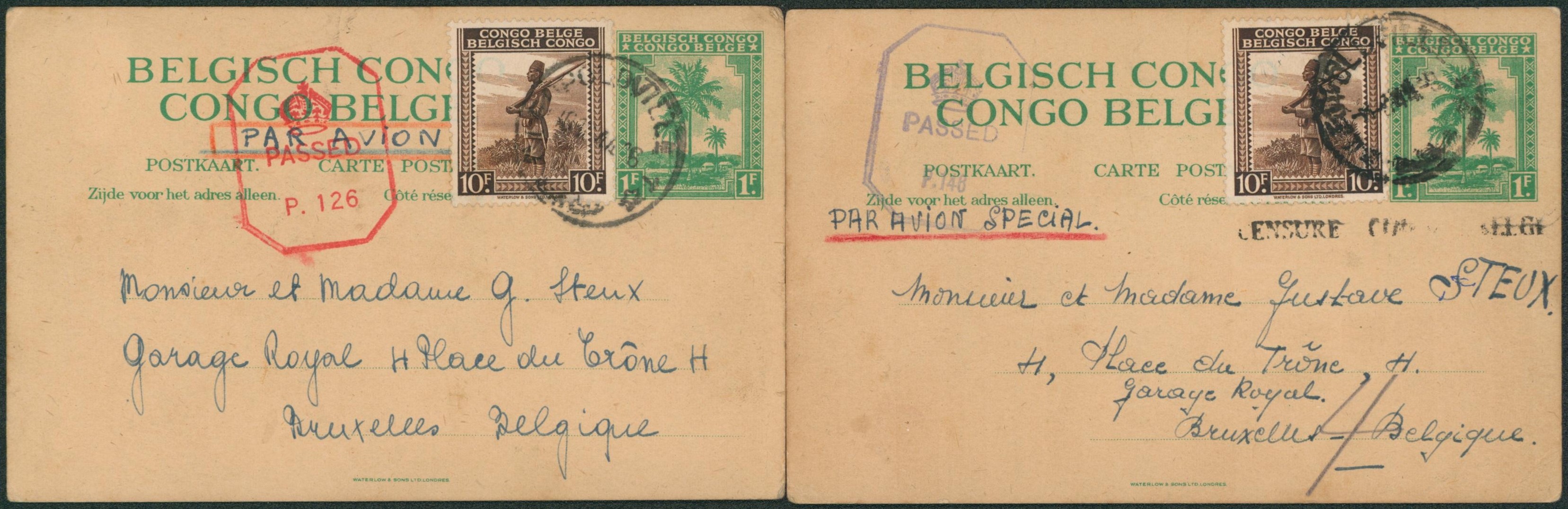 WWII - Ensemble de 2 EP au type 1F vert + n°266 par avion spécial + censure anglaise & congo belge de Léopoldville > Bruxelles