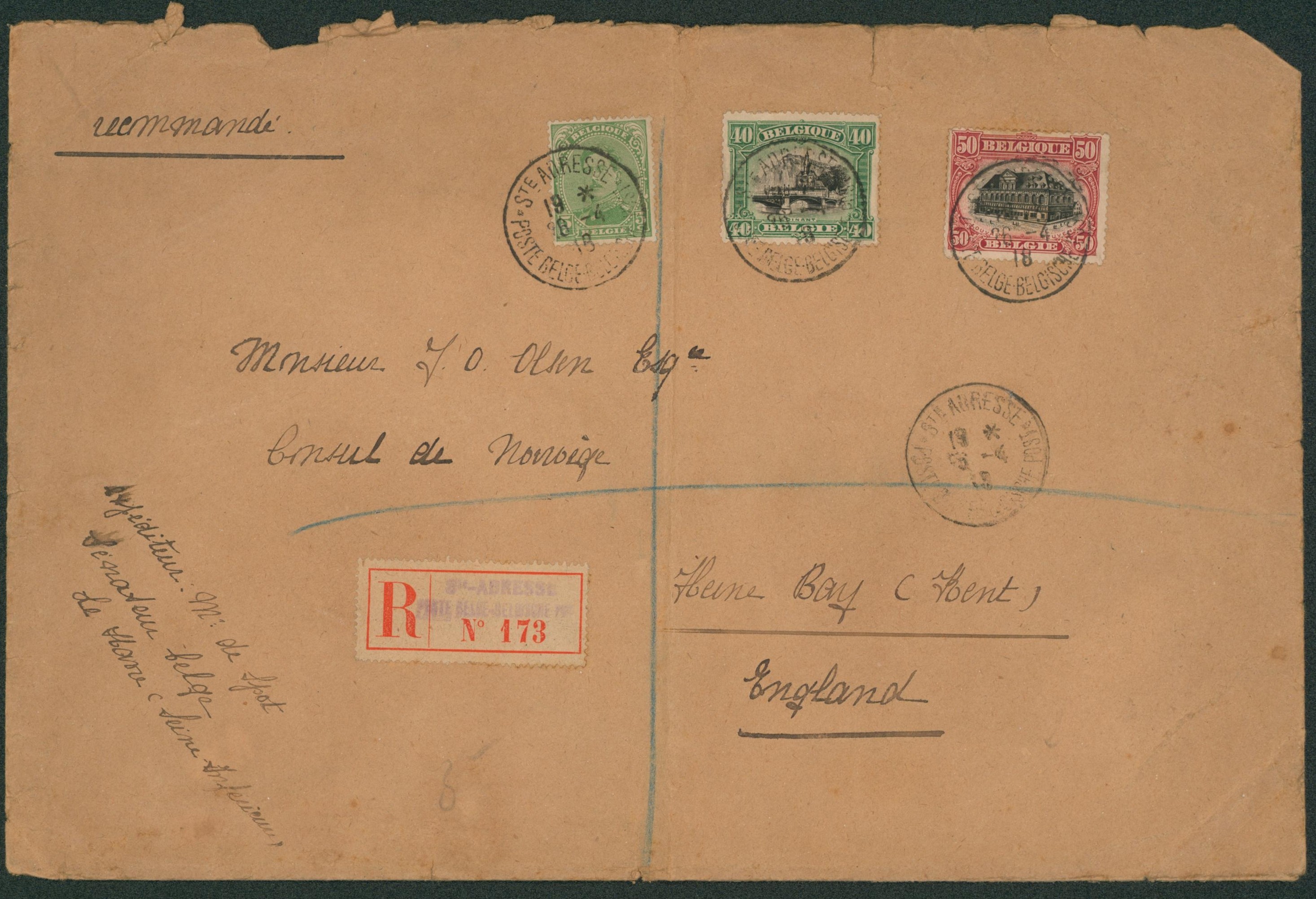 Albert I - Affranch. Tricolore sur grande enveloppe (pliée en deux) en recommandé de Ste-Adresse (sénateur Belge) > Consul de Norvège à Kent (Angleterre).
