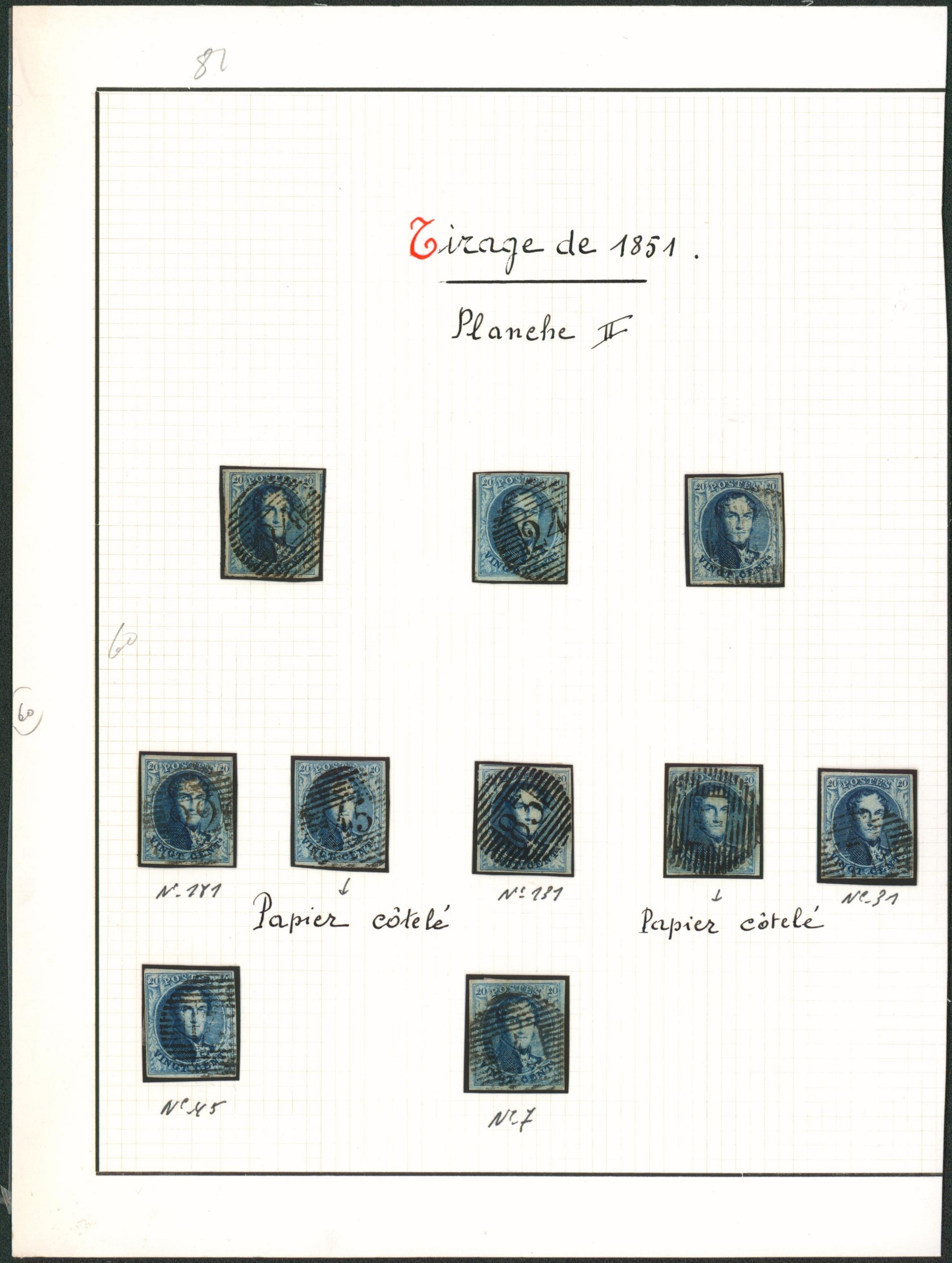 Page de collection - n°7 (Planche II) 10 exemplaires margés. Oblitérations diverses, papier côtelé.