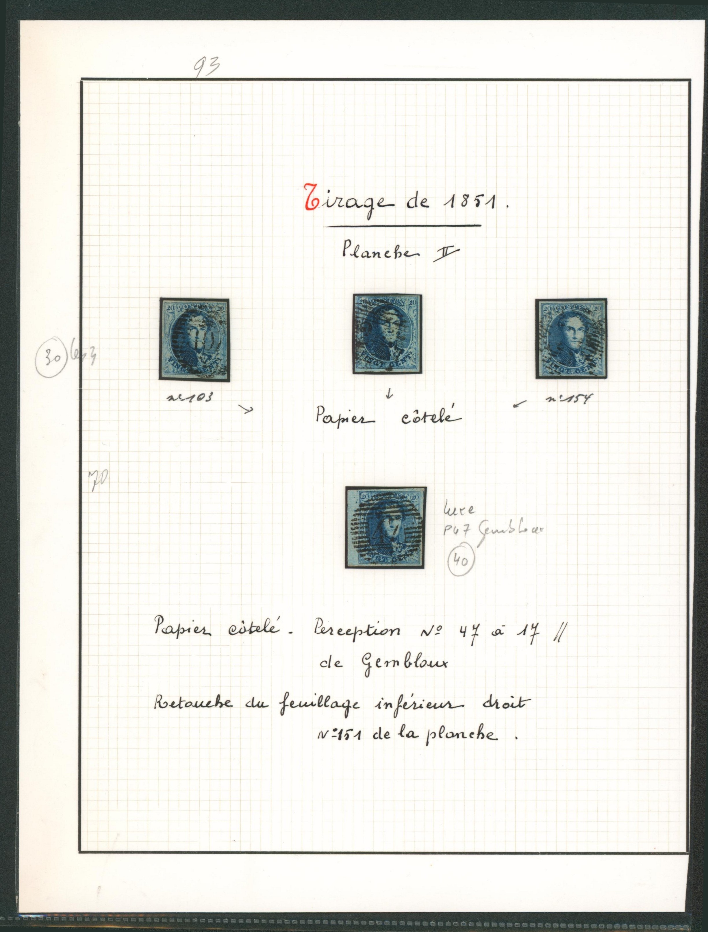 Page de collection - n°7 (planche II) ensemble de 4 exemplaires dont 3 papier côtelé (planché) et un exemplaire LUXE obl P47 Gembloux.