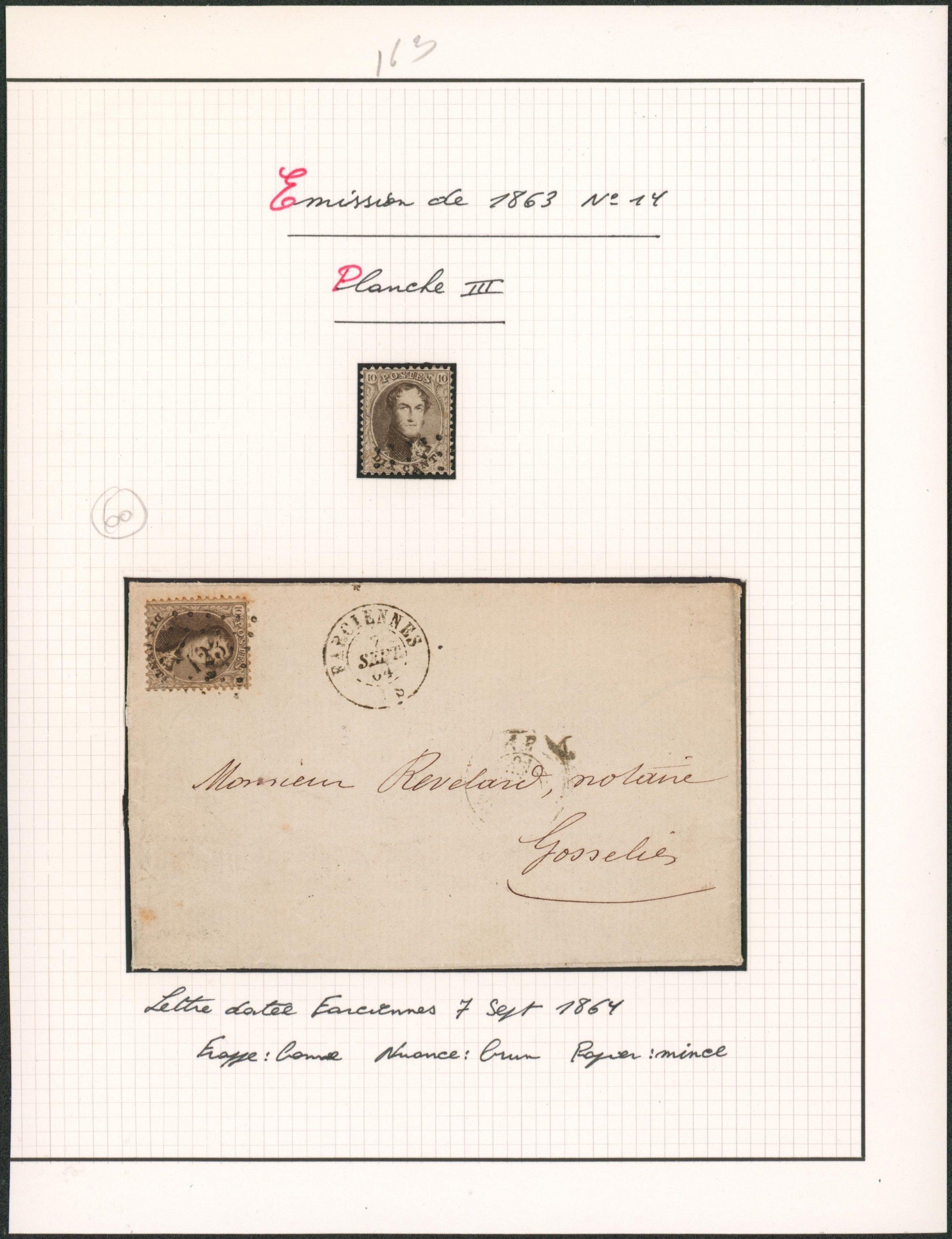 Page de collection - Médaillon dentelé n°14 (Planche III) un exemplaire + une lettre obl Pt 123 çàd Farciennes > Gosselies.