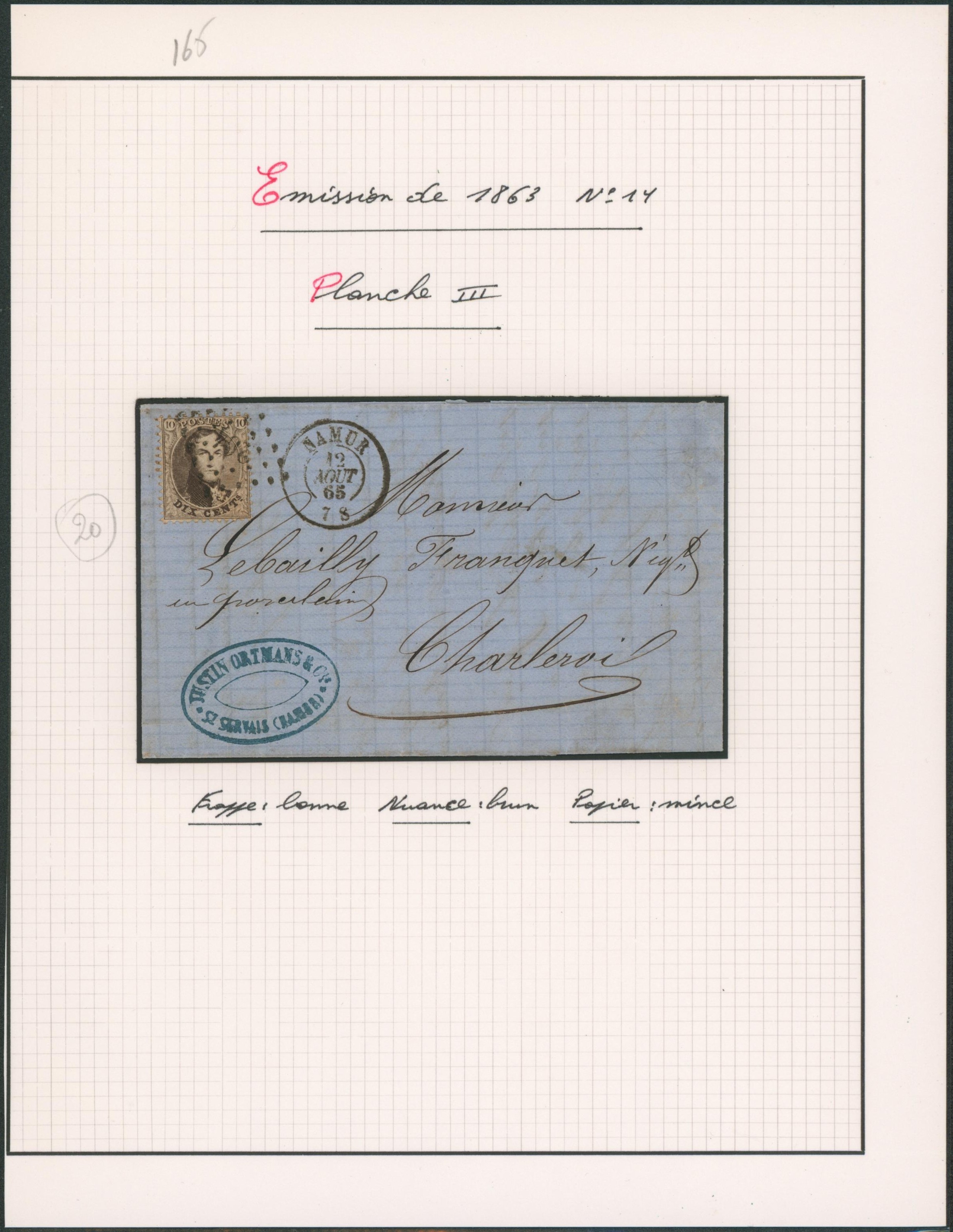 Page de collection - Médaillon dentelé n°14 (Planche III)  une lettre obl Pt 264 çàd Namur + cachet privé > Charleroi