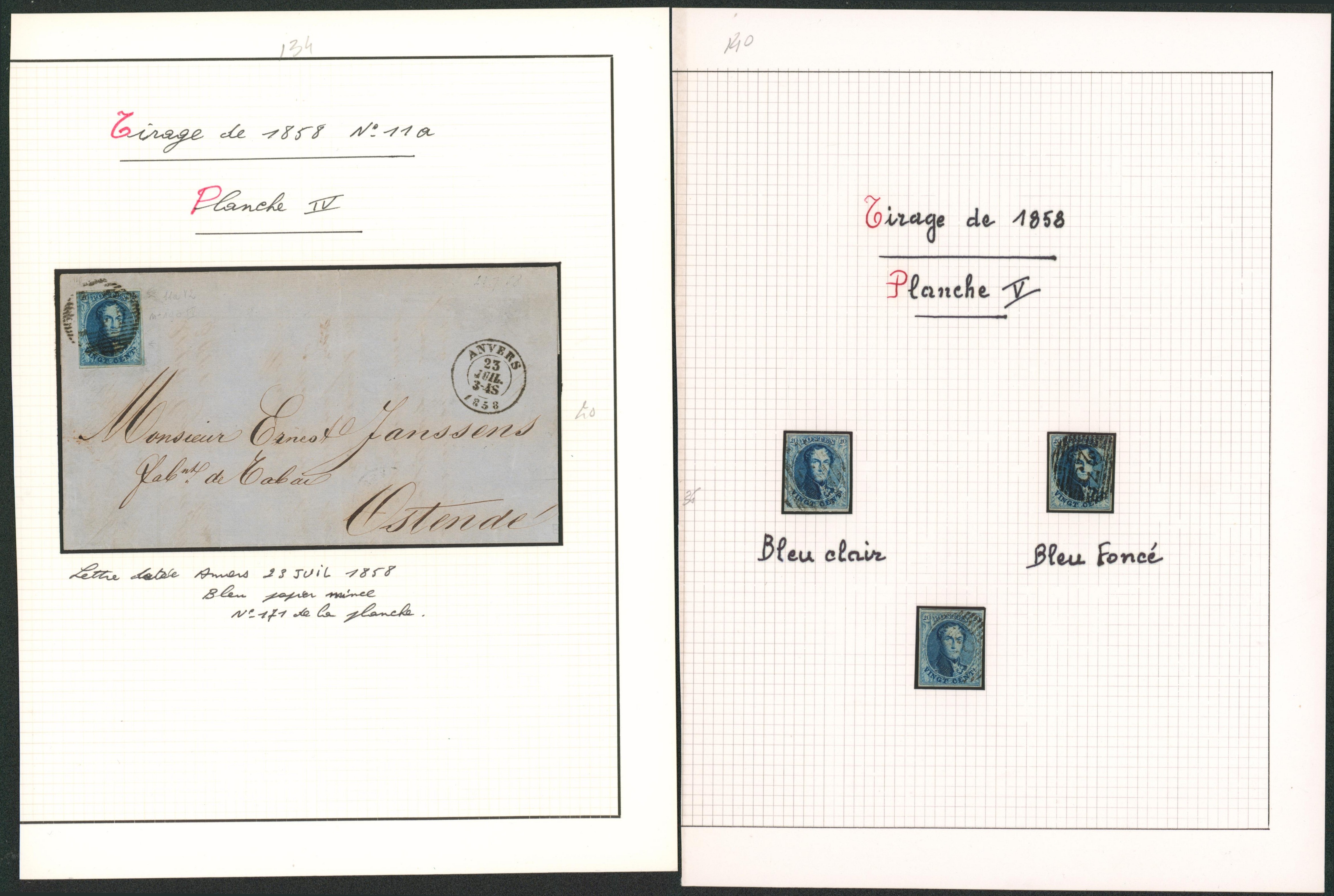 Page de collection - n°11A (Planche V) ensemble de 3 exemplaires margés (nuance) + une lettre (Planche IV).
