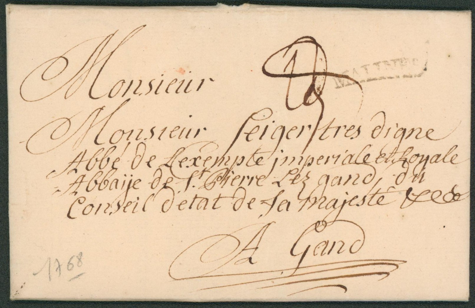 LAC datée de Malines (1768) obl linéaire arrondi MALINES, port rectifié > Gand, abbé.