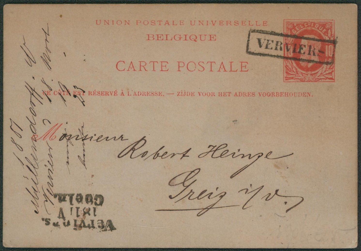 EP au type 10ctm rouge annulé par la griffe ambulant VERVIERS + cachet Verviers / Coeln > Greiz (Allemagne)