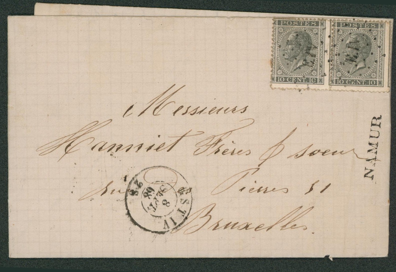 n°17 x2 sur LAC obl ambulant Pt E.IV çàd Est IV + griffe linéaire NAMUR > Bruxelles. Superbe