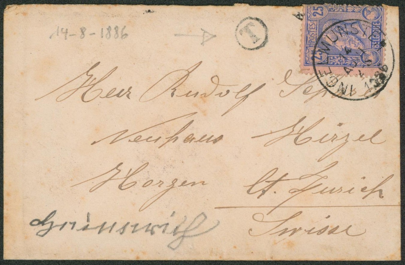 n°48 sur petite enveloppe obl simple cercle "Ingelmunster" + boite rurale "T" > Hirzel çàd Zurich (Suisse)