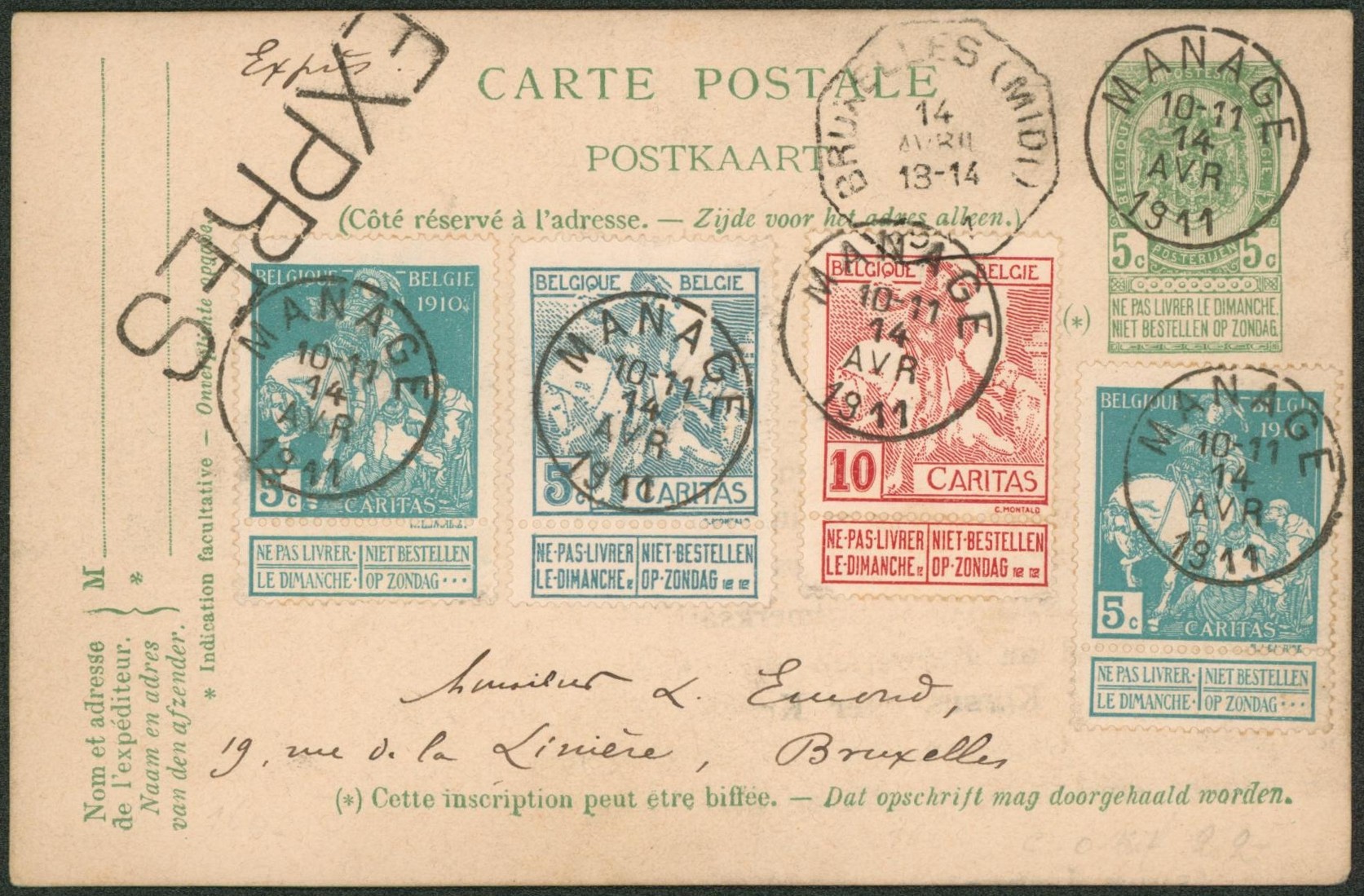 EP au type carte paquebot 5ctm vert (Le rapide) en expres + caritas n°86, 87 et 90 x2 de Manage > Bruxelles çàd obl télégraphique.