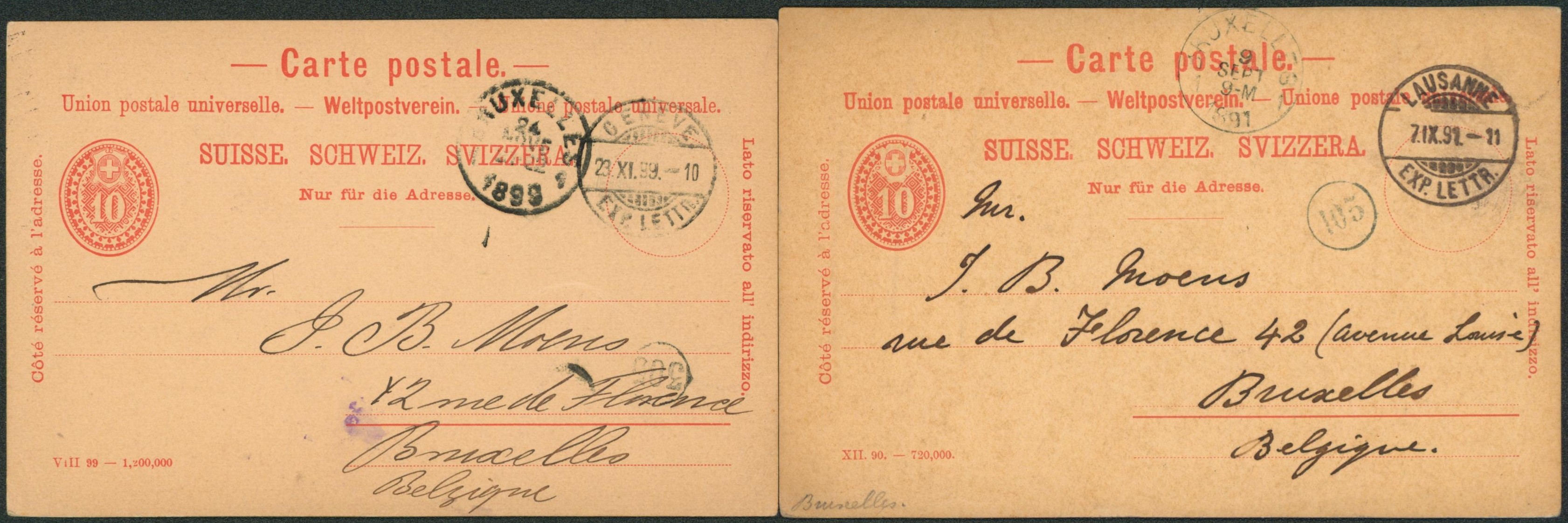 Suisse - Ensemble de deux entiers expédié de Génève (1899) et Lausanne (1891) > Bruxelles, J.B. Moens (marchand de timbres).