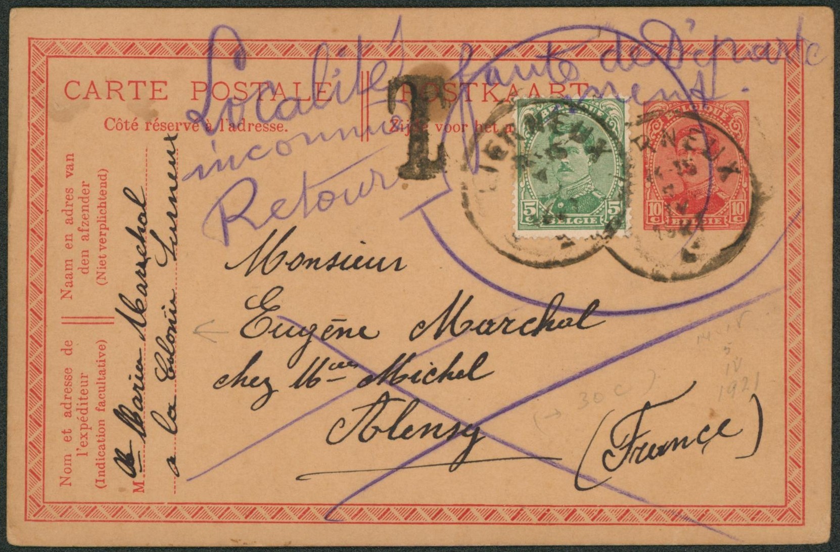 EP au type 10ctm rouge + n°137 expédié de Lierneux (Colonie lierneux) > France, annotation à la craie "Localité inconnue, faute de département, retour" / Taxé